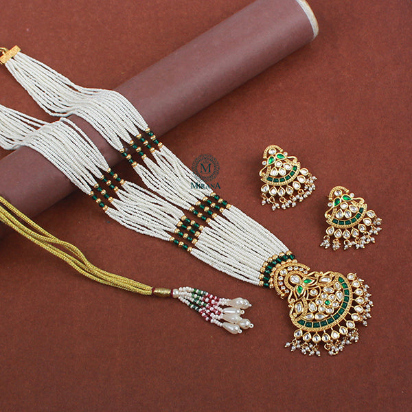 Anvi Emerald Green Polki Long Necklace Set