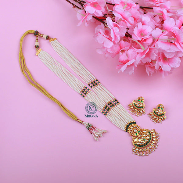 Anvi Emerald Green Polki Long Necklace Set