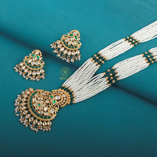 Anvi Emerald Green Polki Long Necklace Set