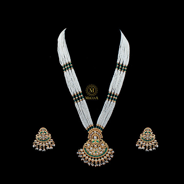 Anvi Emerald Green Polki Long Necklace Set