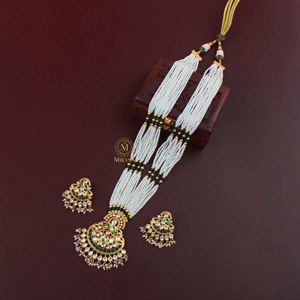 Anvi Emerald Green Polki Long Necklace Set