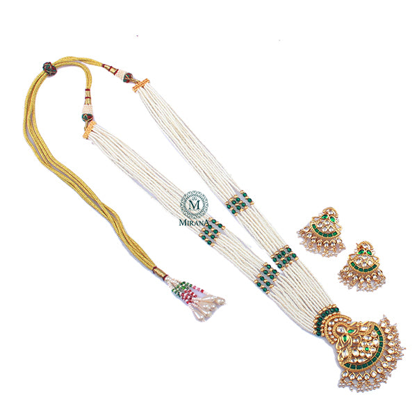Anvi Emerald Green Polki Long Necklace Set