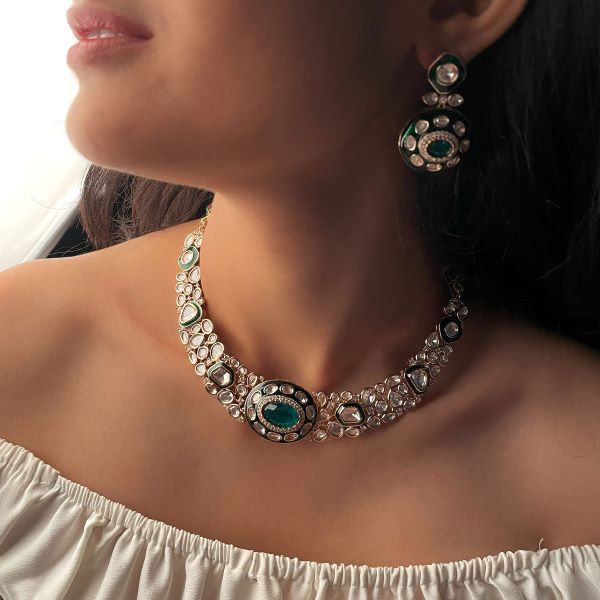 Ritika Emerald Green Polki Designer Necklace Set
