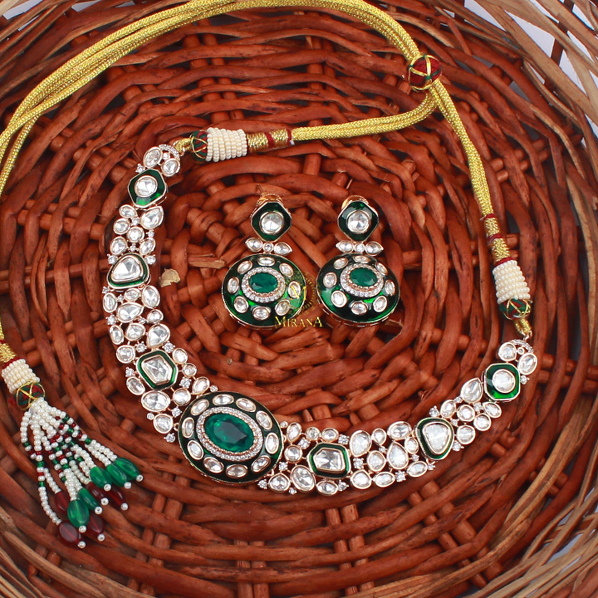 Ritika Emerald Green Polki Designer Necklace Set