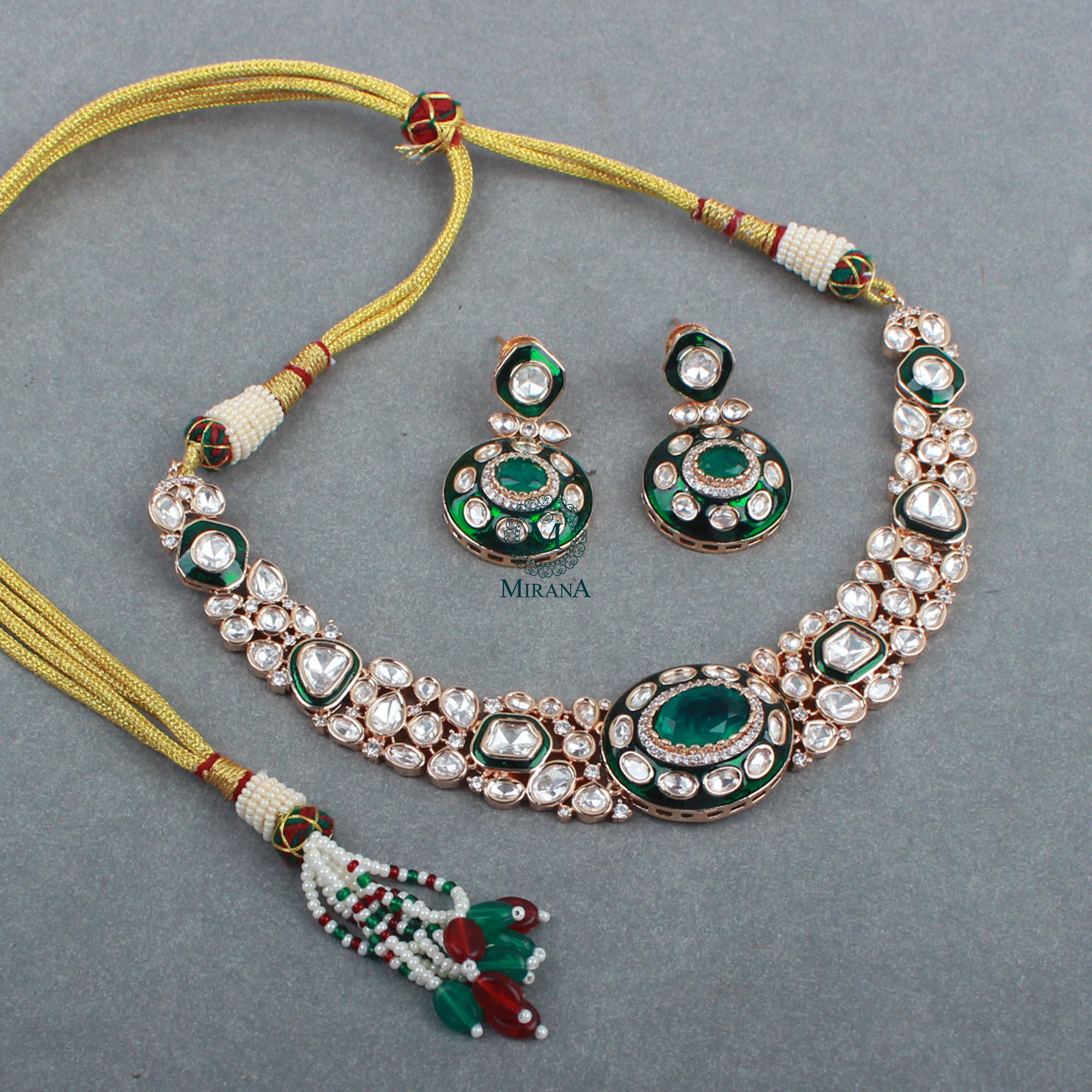 Ritika Emerald Green Polki Designer Necklace Set