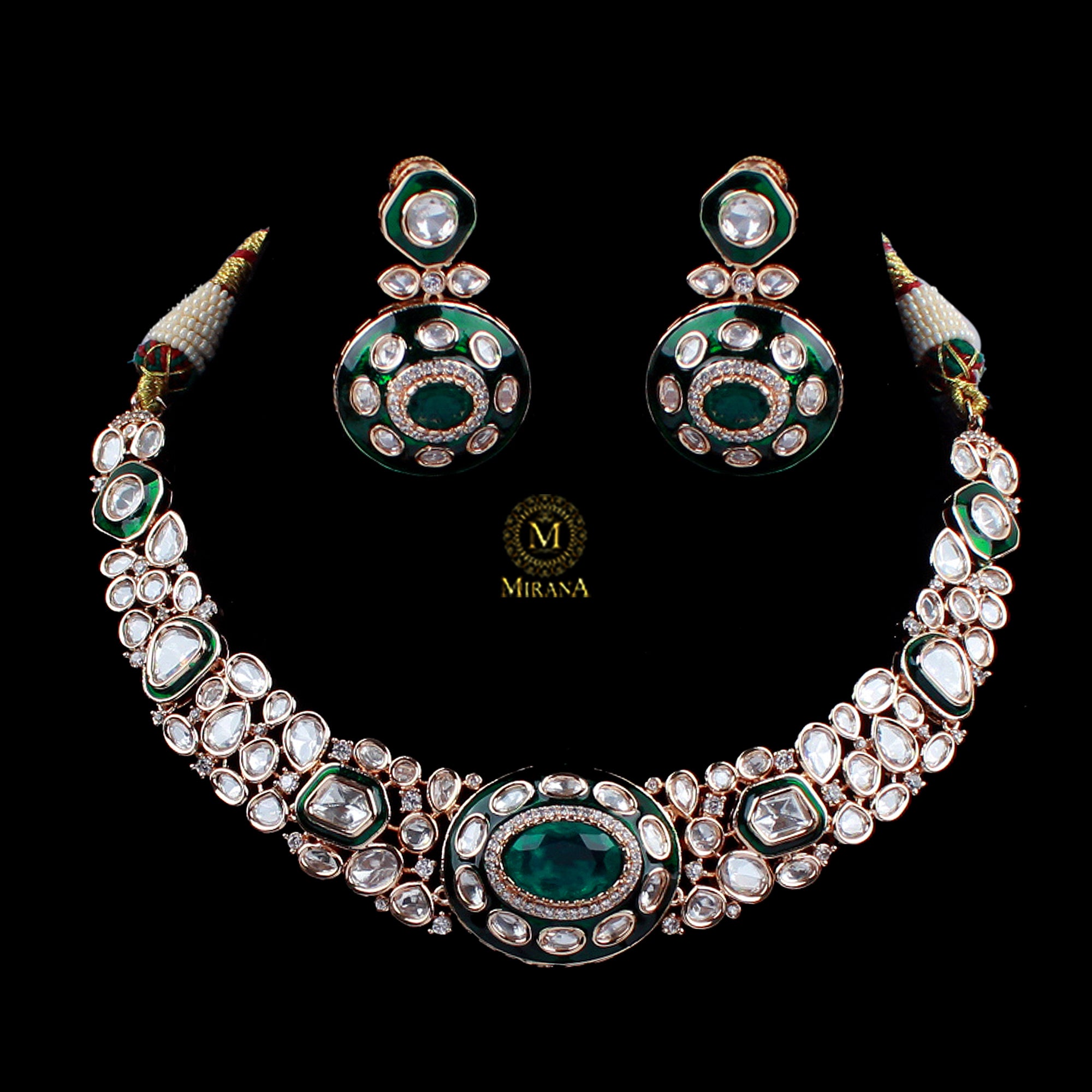 Ritika Emerald Green Polki Designer Necklace Set