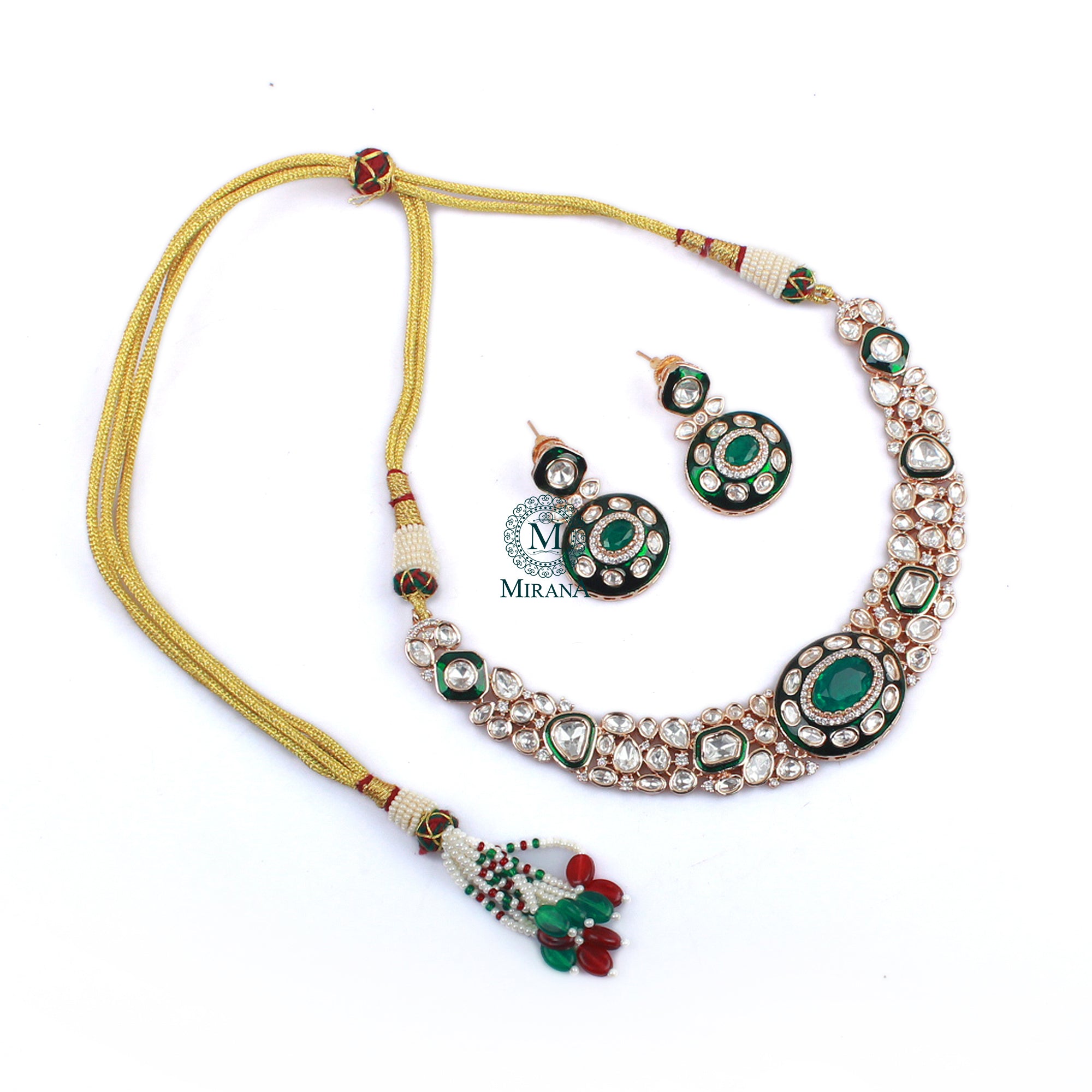 Ritika Emerald Green Polki Designer Necklace Set