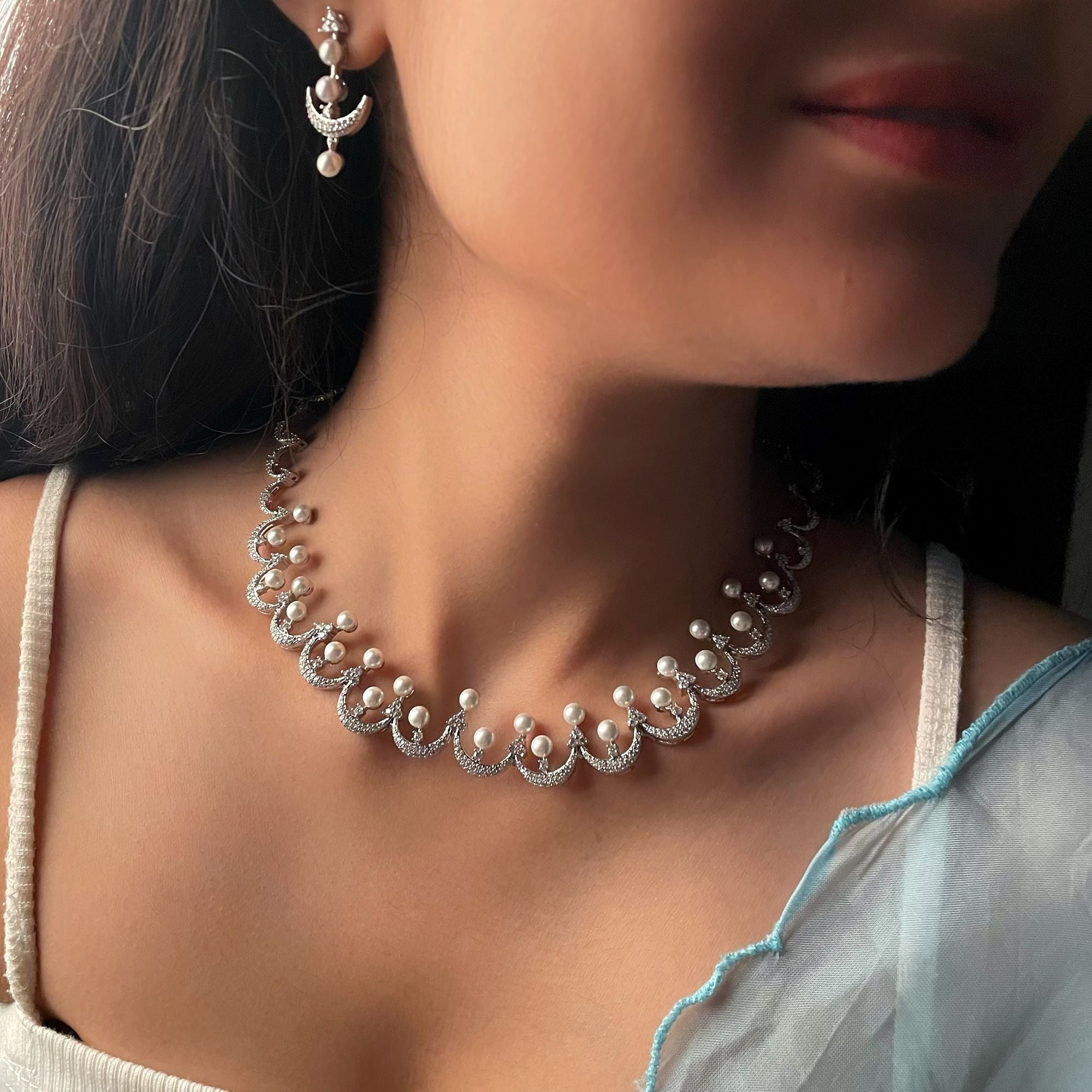 Novie Pearl CZ Designer Necklace Set