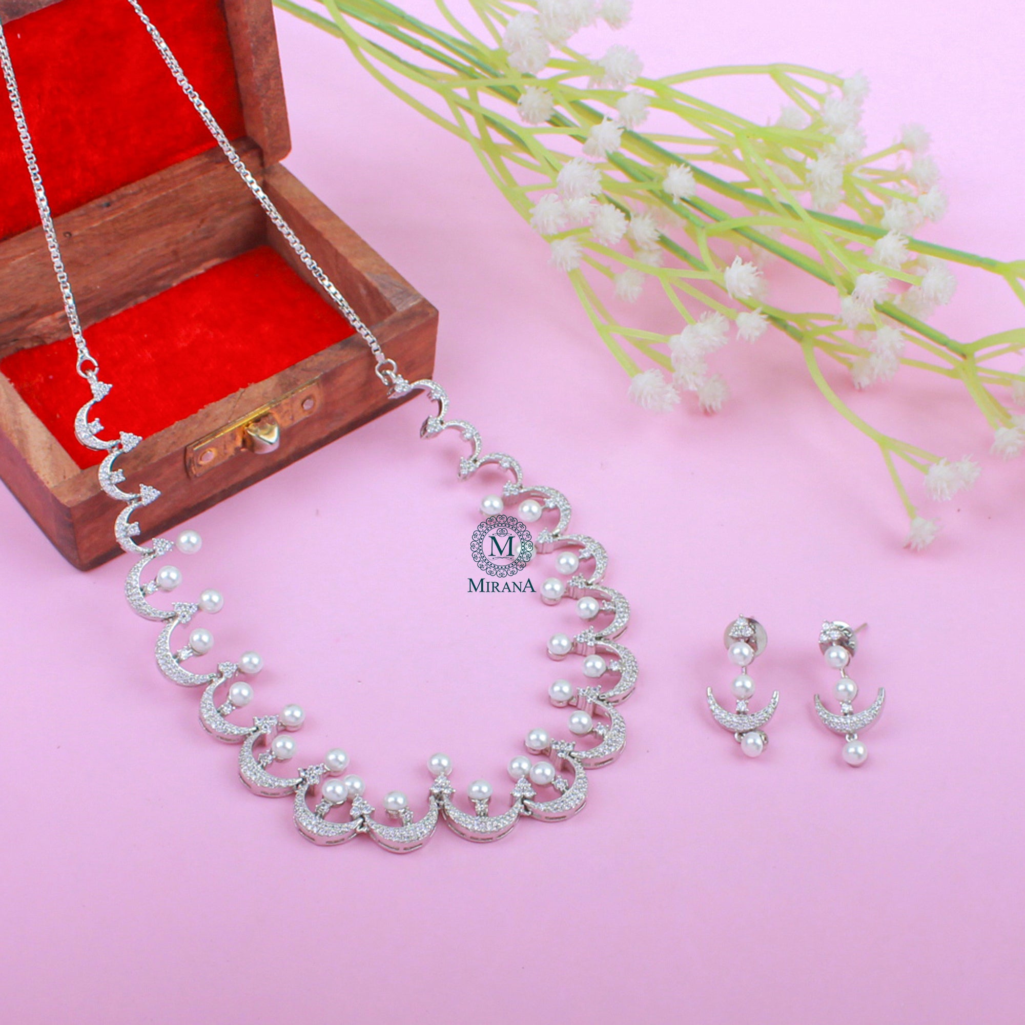 Novie Pearl CZ Designer Necklace Set