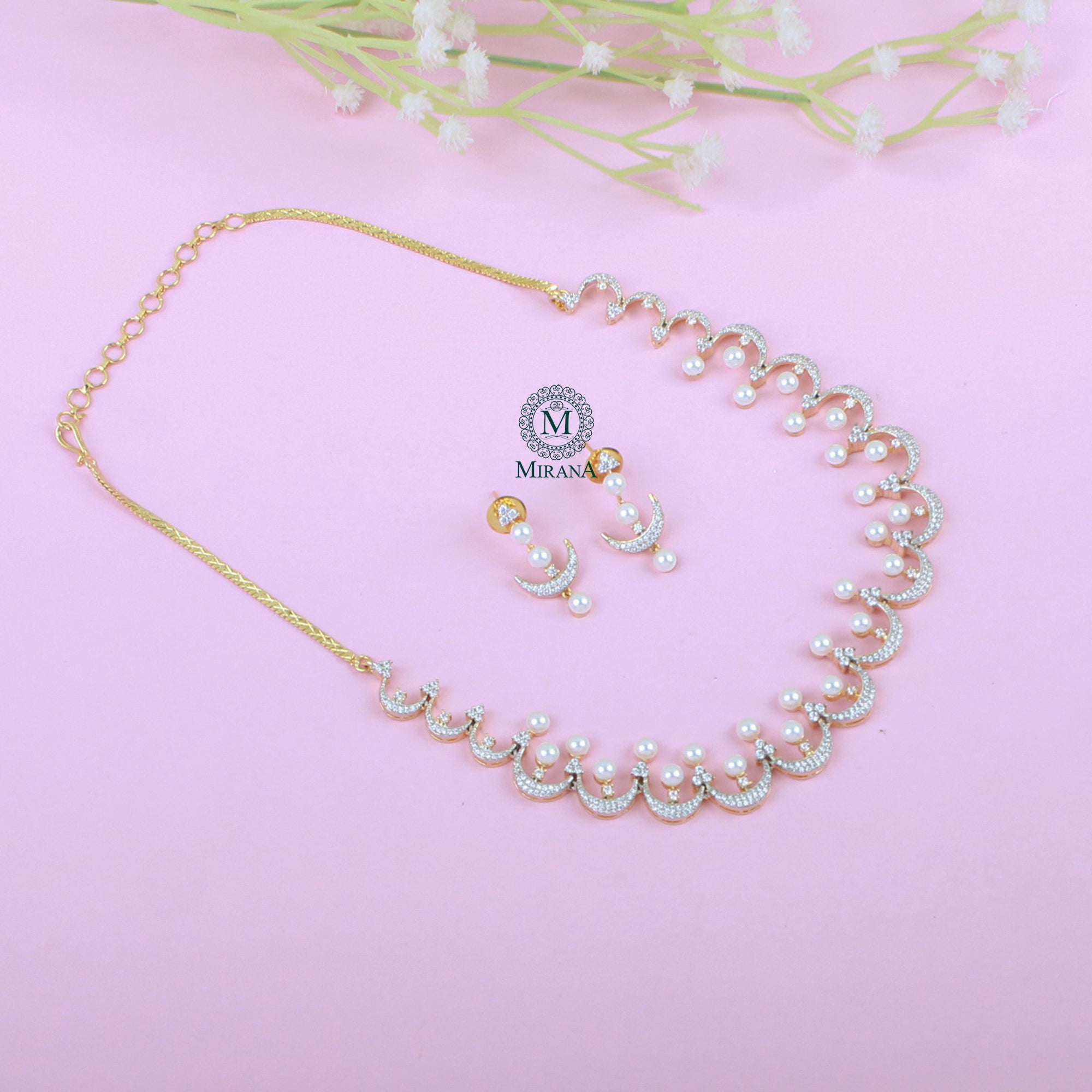 Novie Pearl CZ Designer Necklace Set