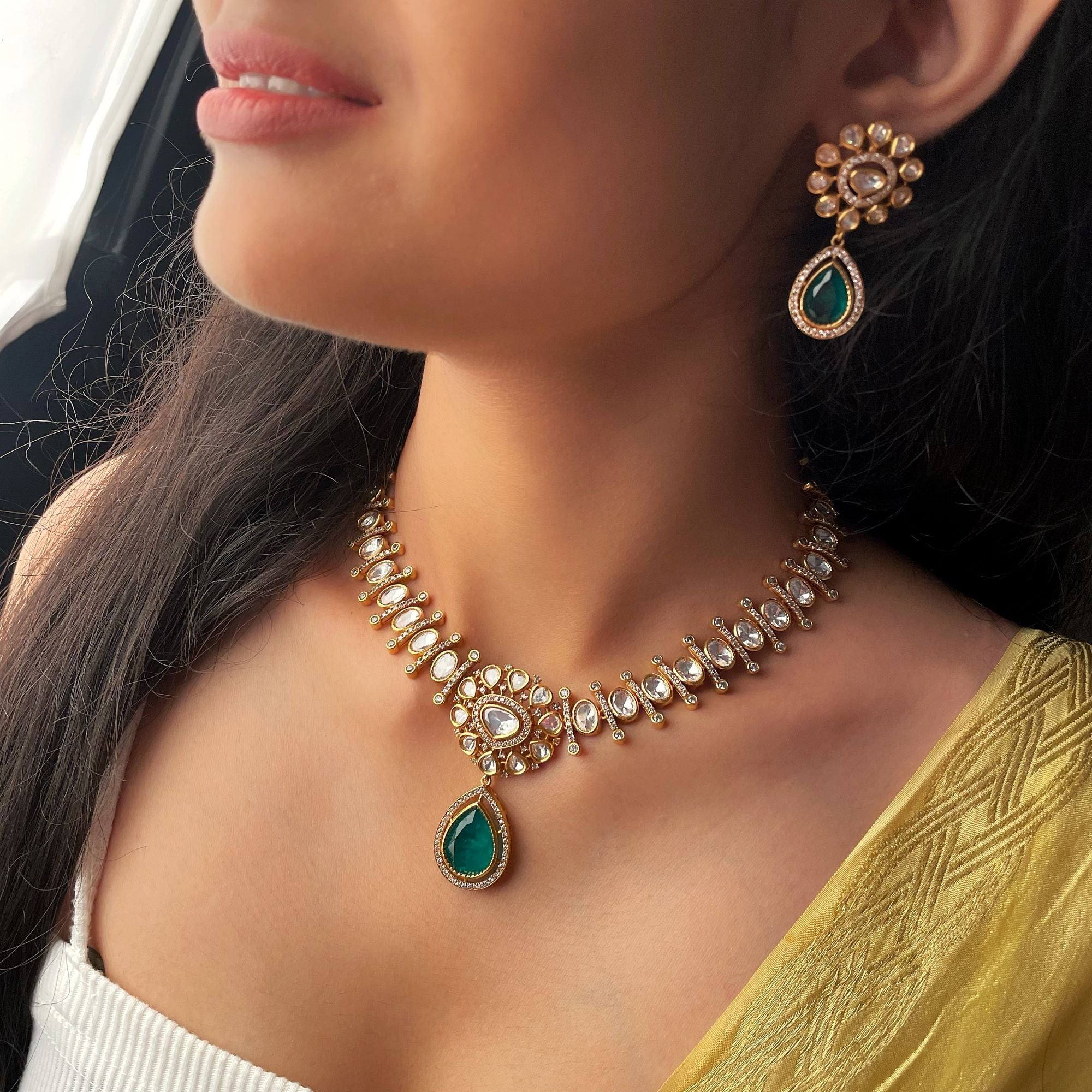 Bavya Emerald Green Polki Necklace Set