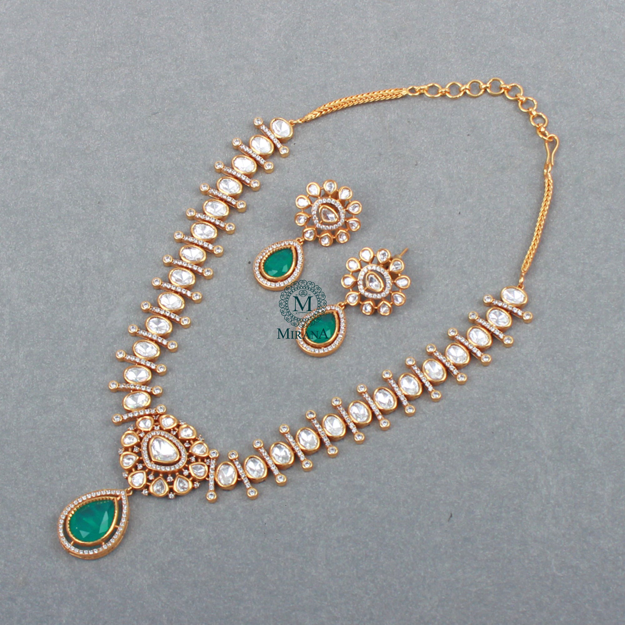 Bavya Emerald Green Polki Necklace Set