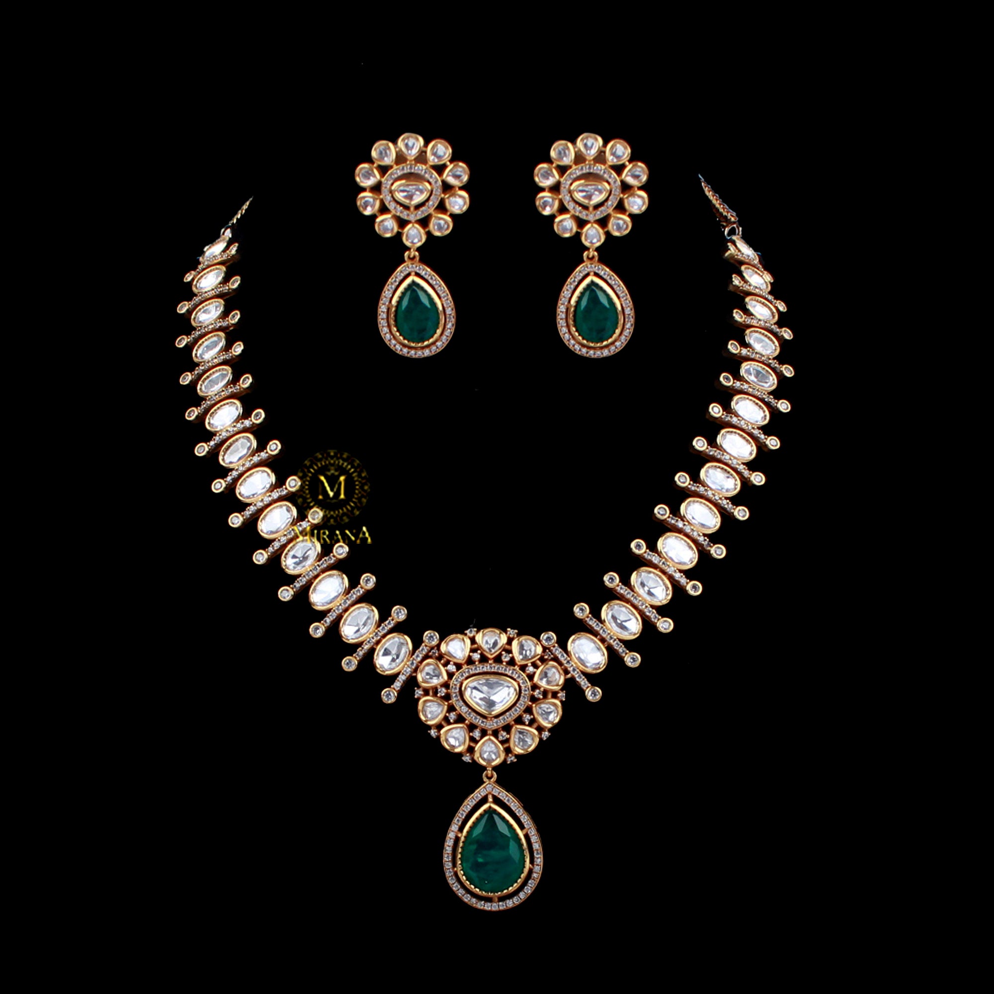 Bavya Emerald Green Polki Necklace Set