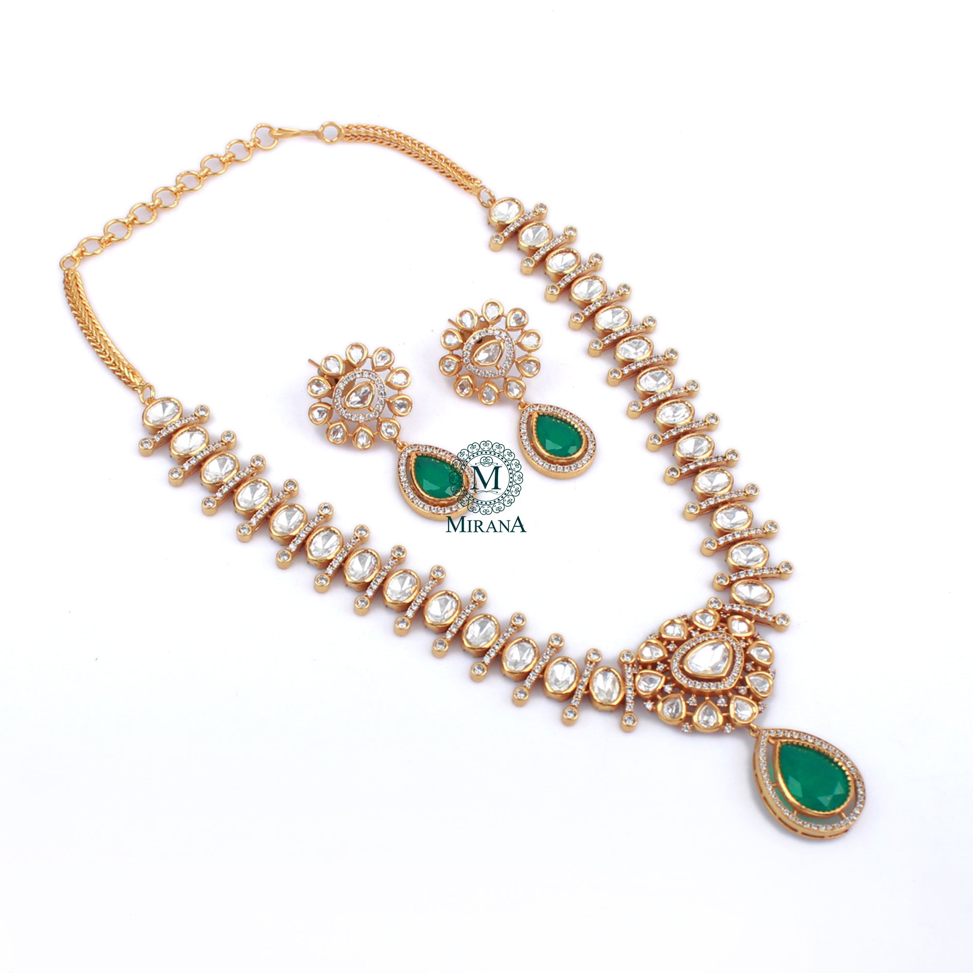 Bavya Emerald Green Polki Necklace Set