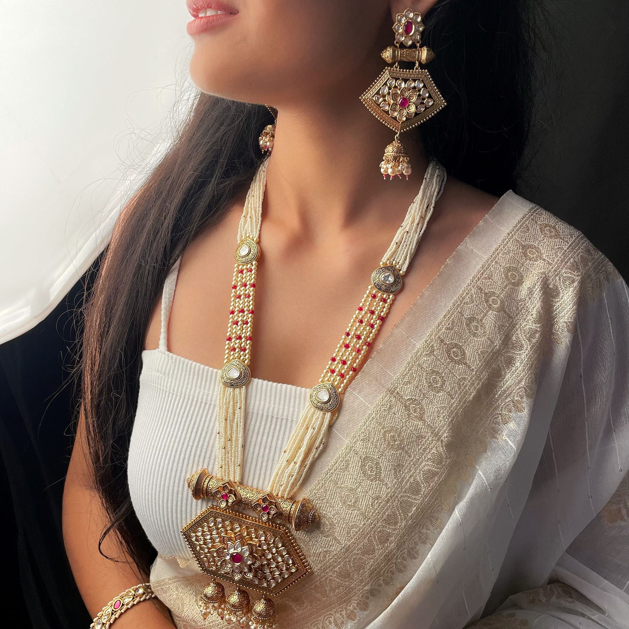 Yogita Ruby Antique Long Designer Necklace Set