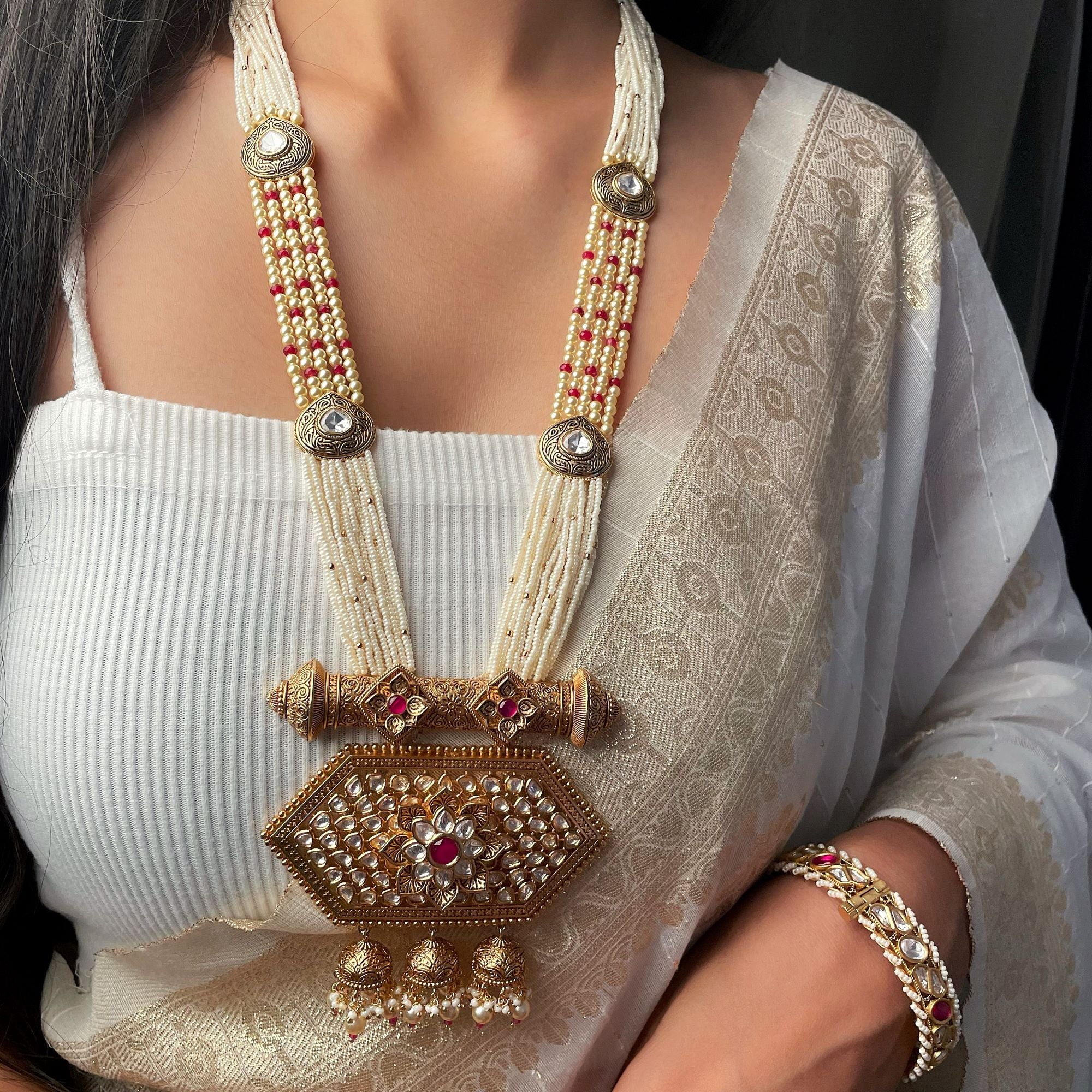 Yogita Ruby Antique Long Designer Necklace Set