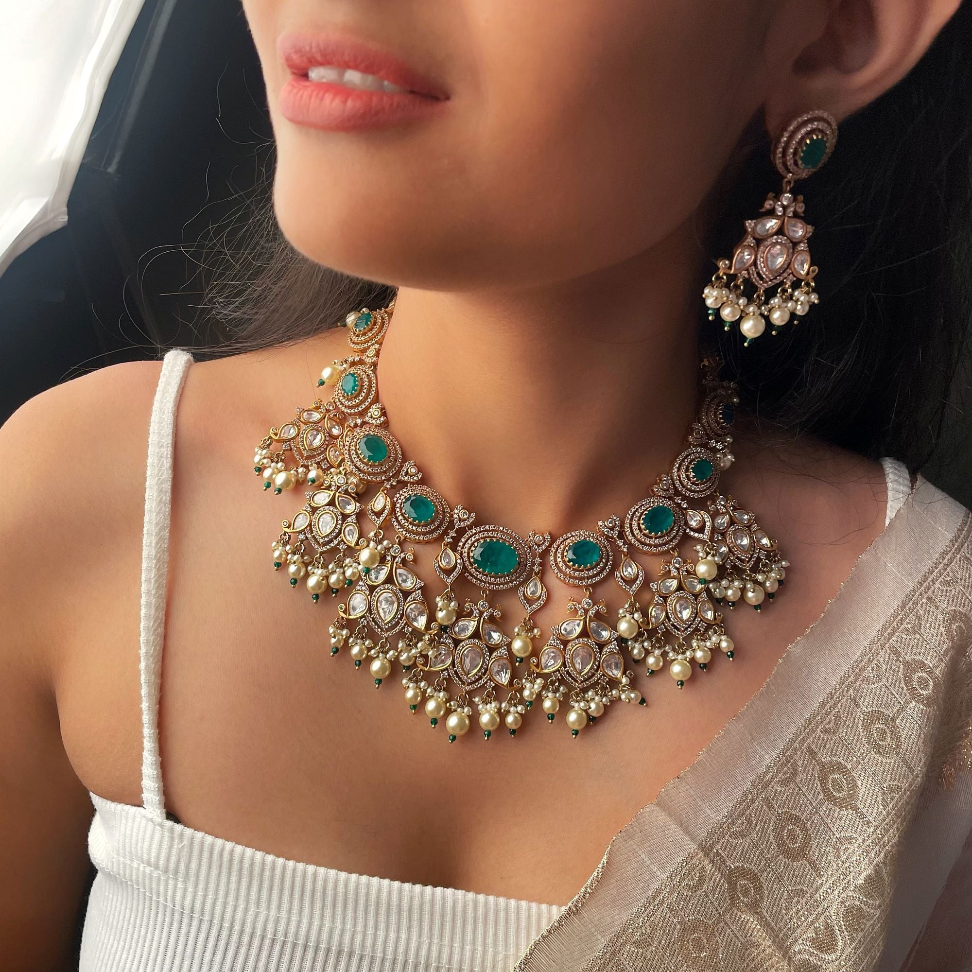 Sundari Emerald Green Polki Necklace Set