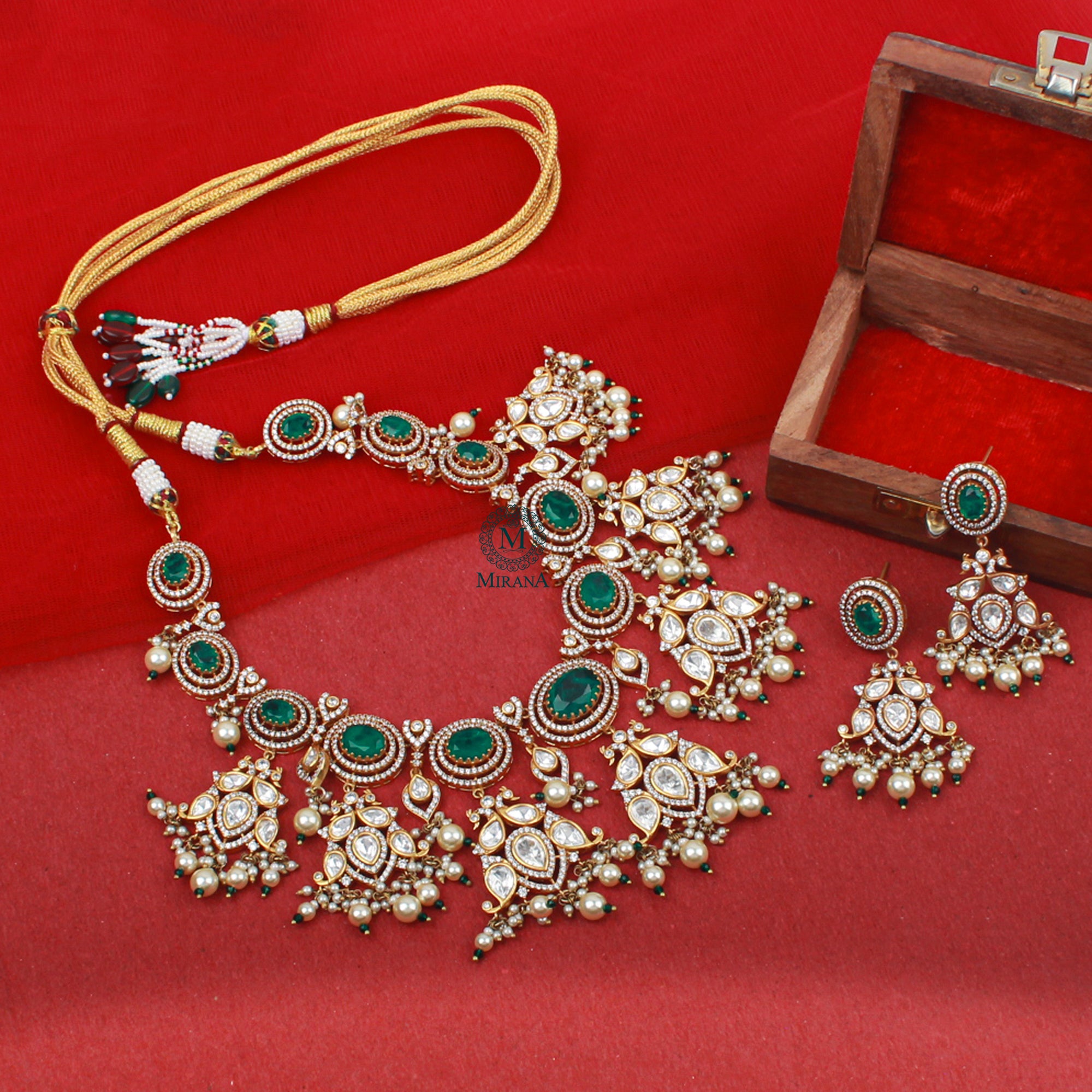 Sundari Emerald Green Polki Necklace Set