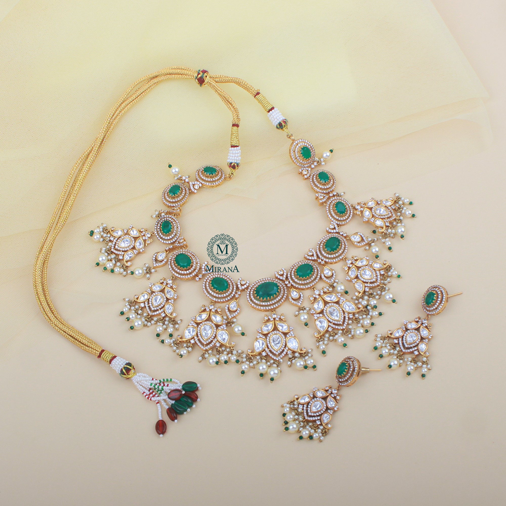 Sundari Emerald Green Polki Necklace Set