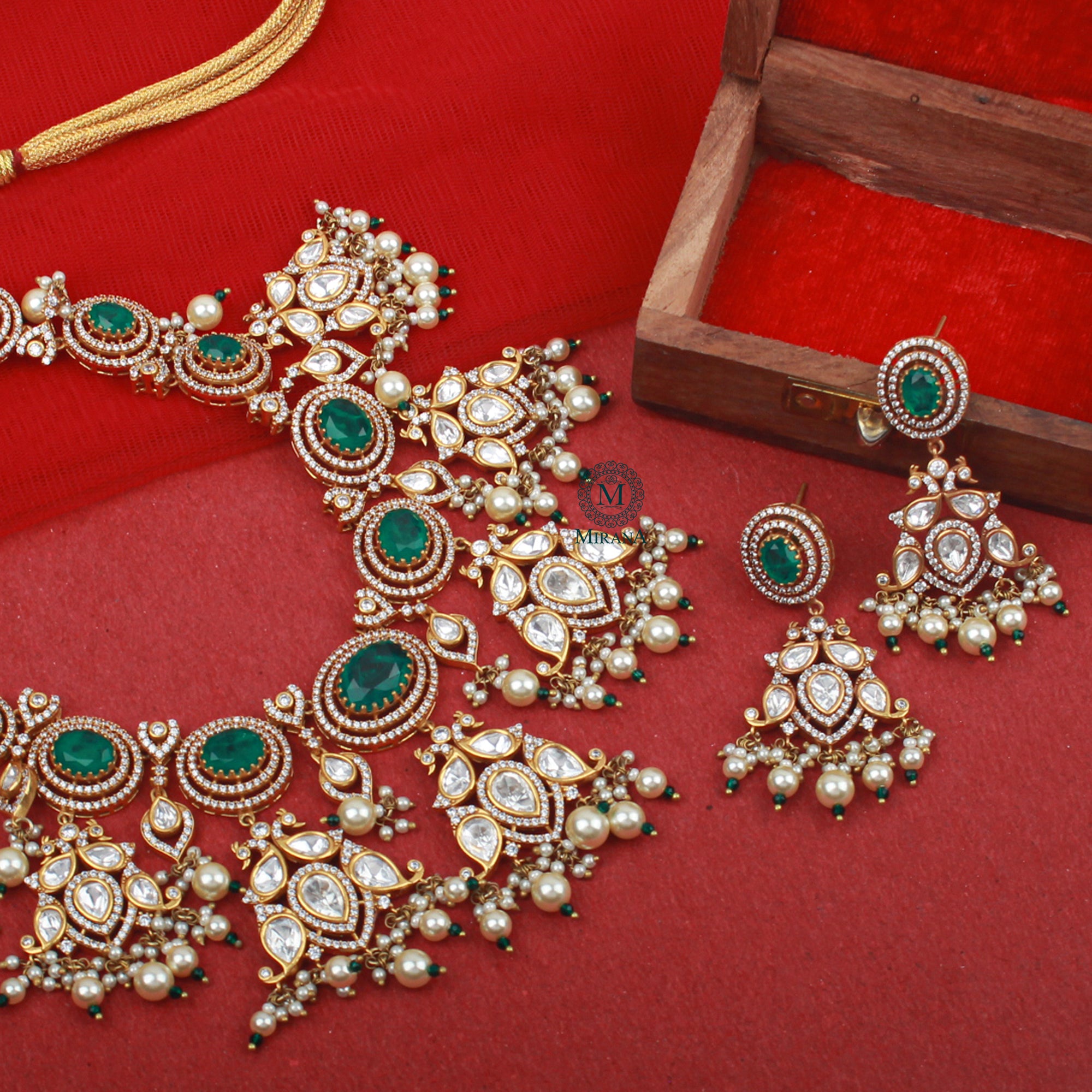 Sundari Emerald Green Polki Necklace Set