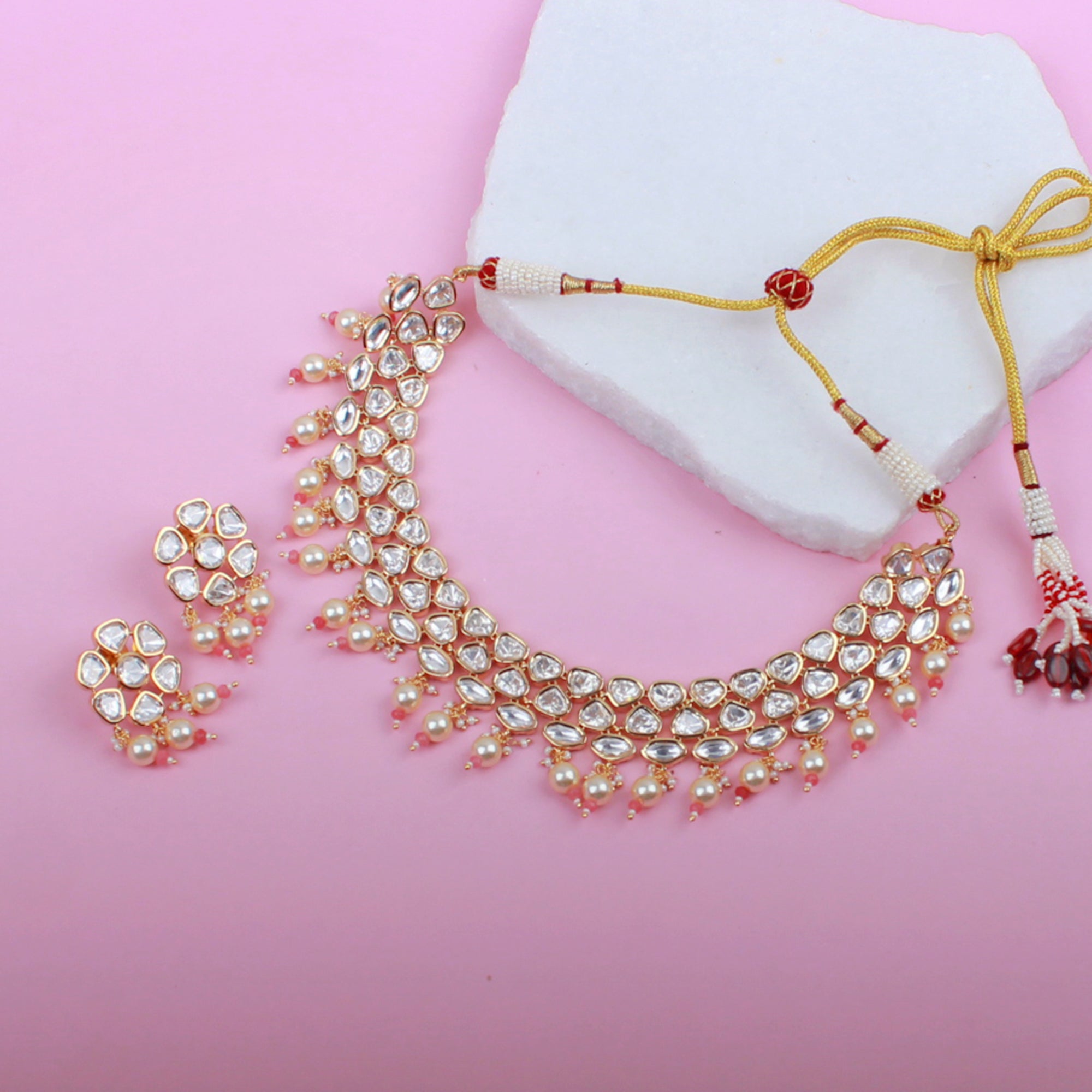 Sanjana Pastel Pink Polki Designer Necklace Set