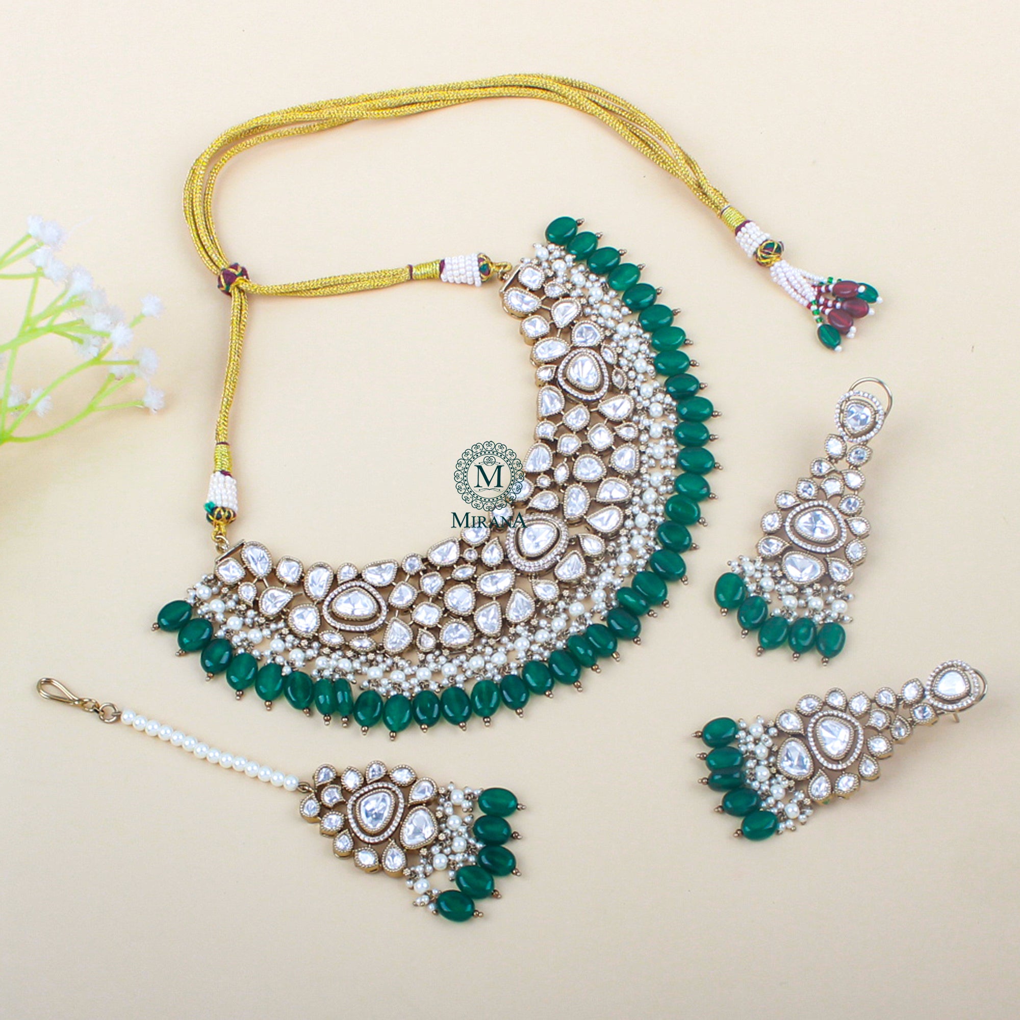 Heer Emerald Green Bridal Polki Necklace Set