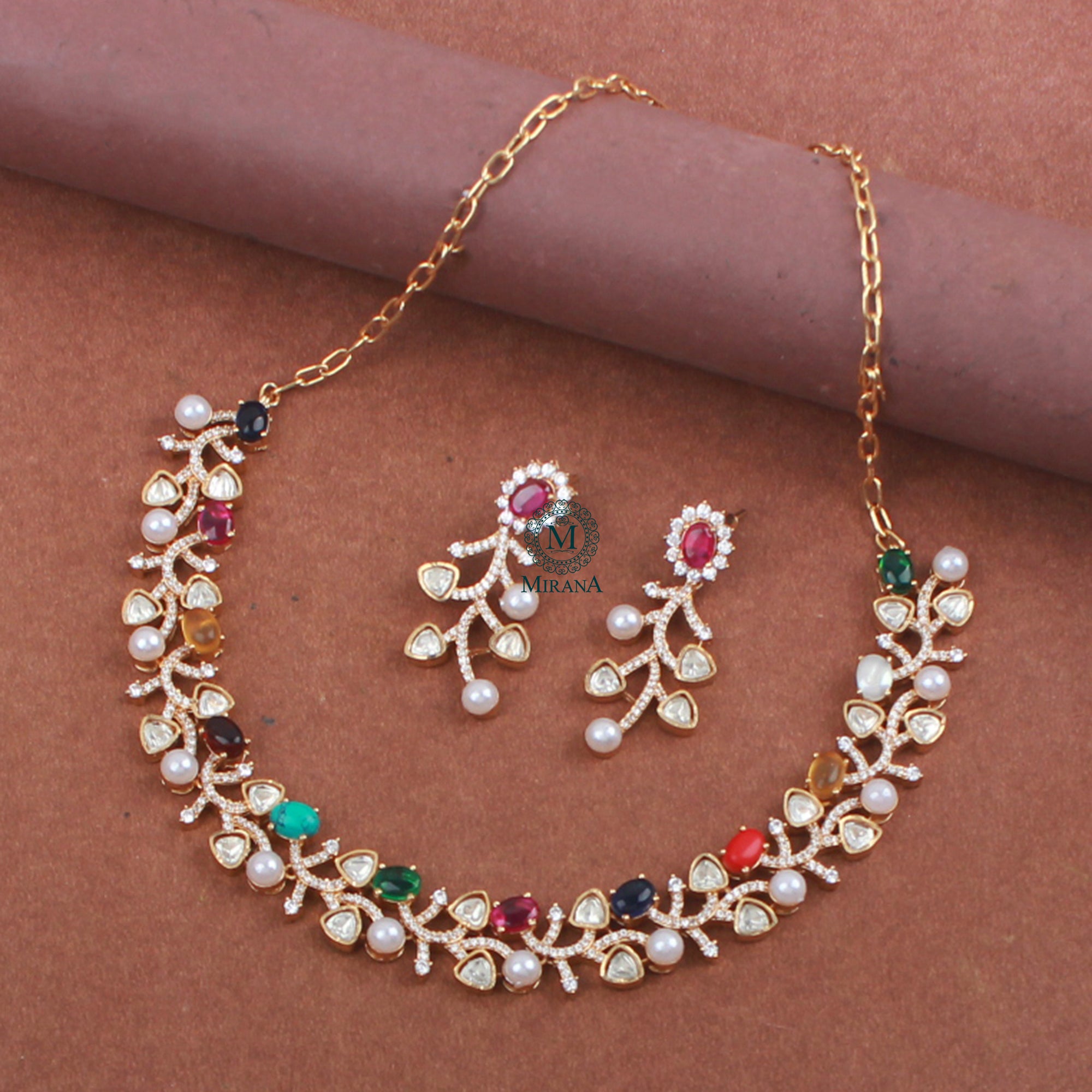 Veena Navratan Moissanite Designer Necklace Set
