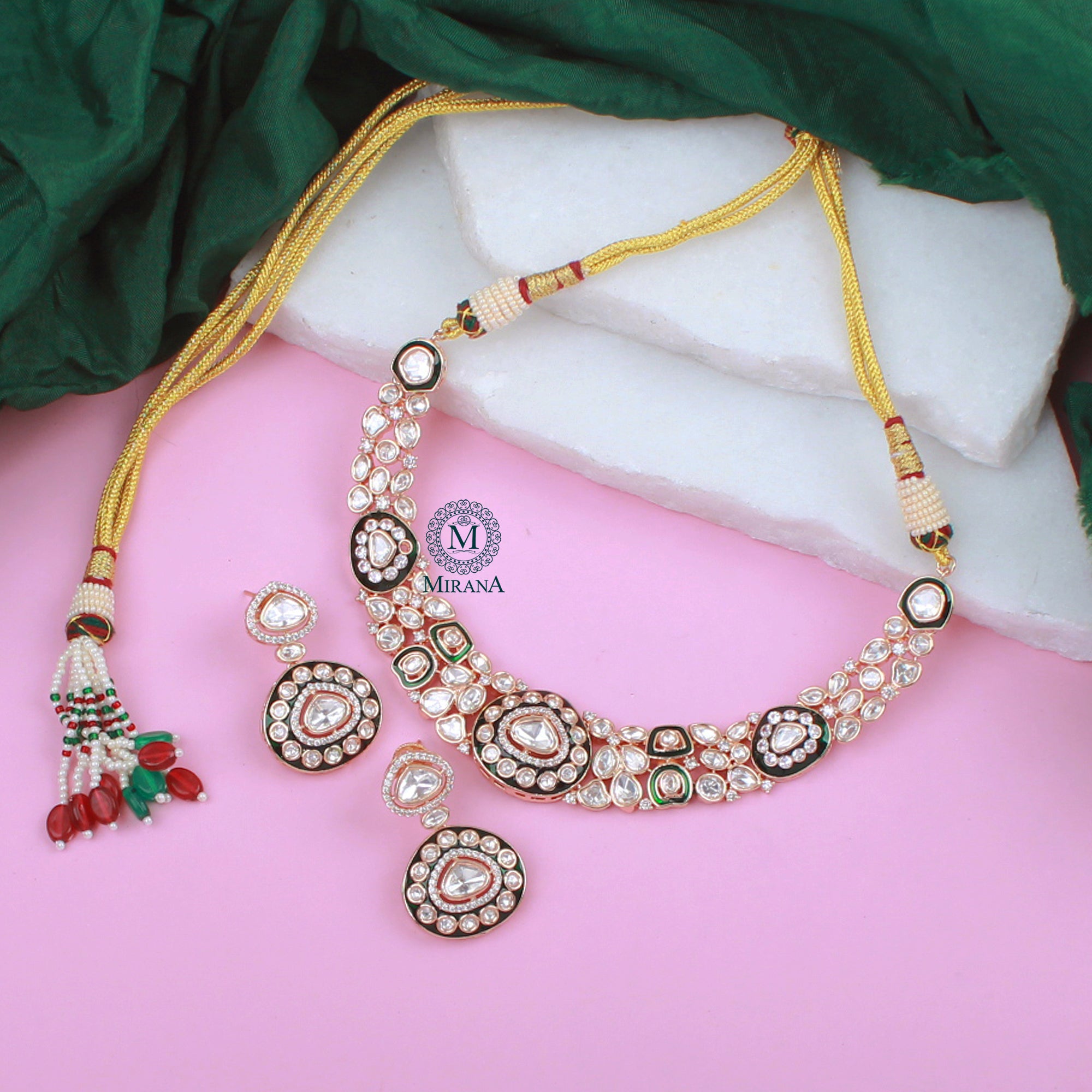 Vritika Emerald Green Polki Necklace Set