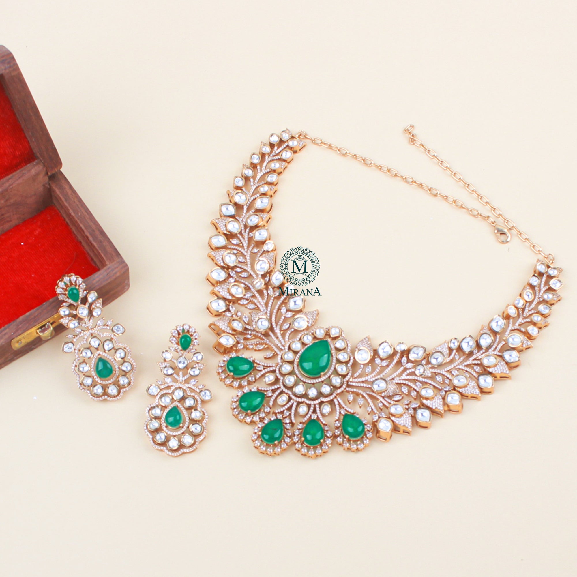 Shivika Emerald Green Bridal Moissanite Look Necklace Set