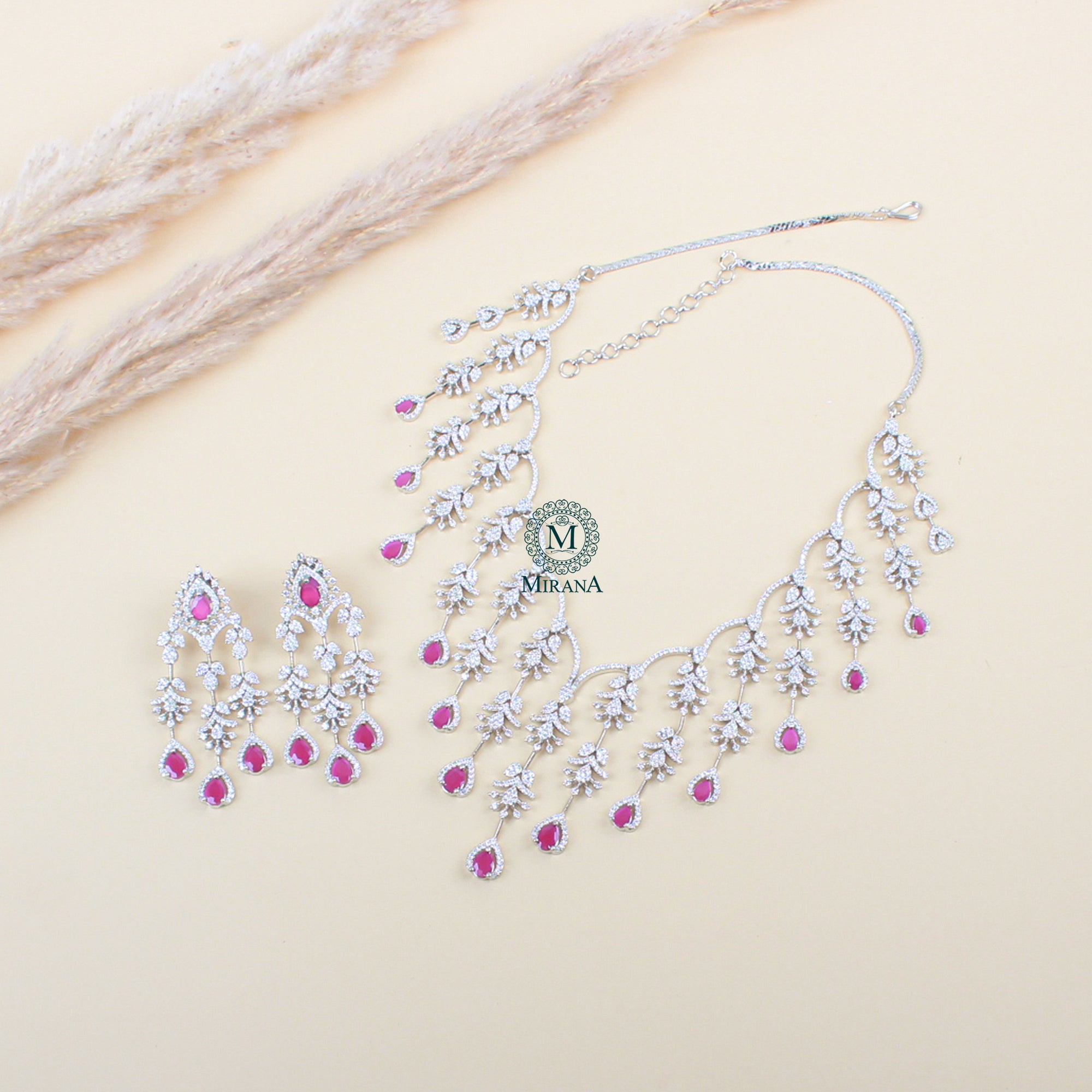 Nobisha Ruby CZ Designer Necklace Set