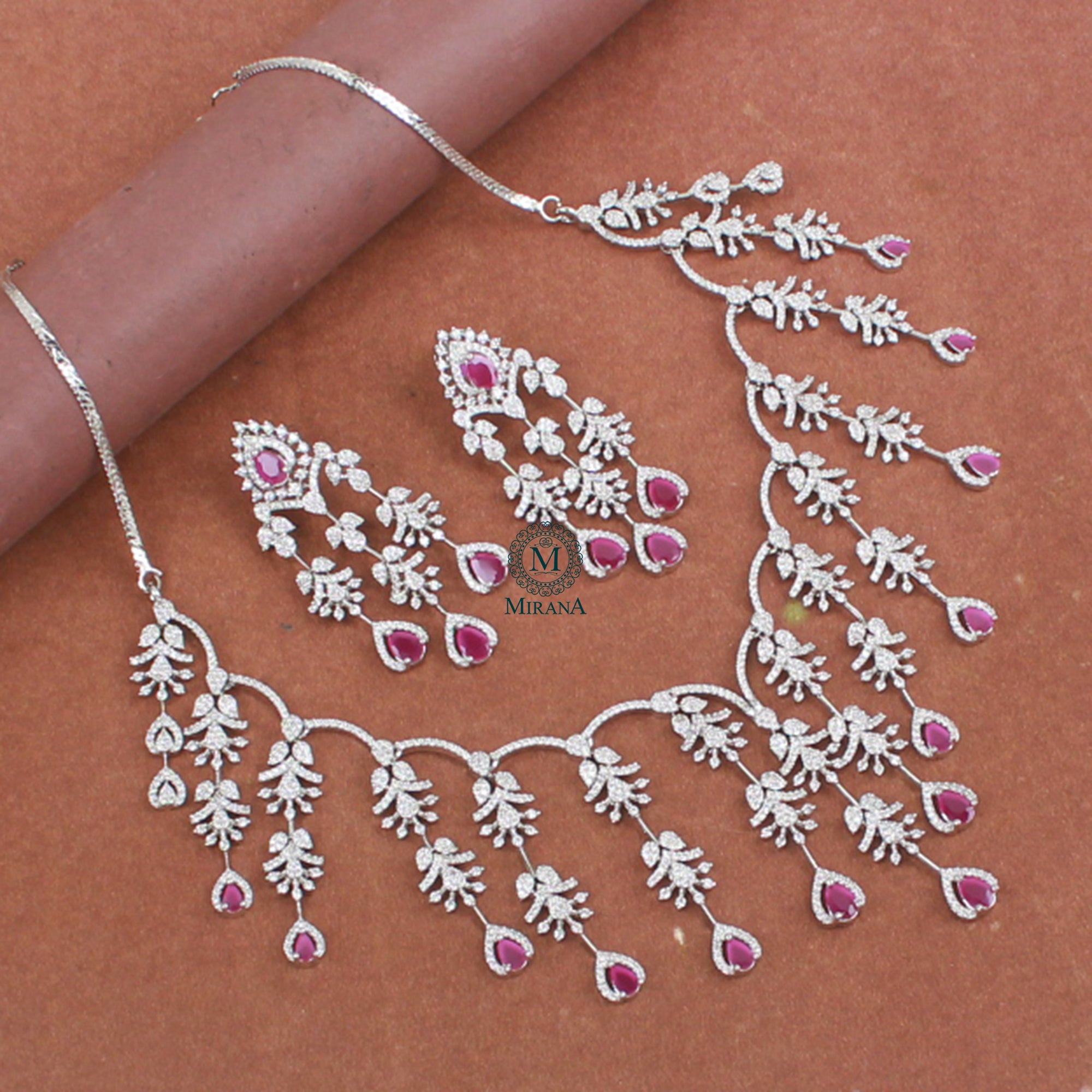 Nobisha Ruby CZ Designer Necklace Set