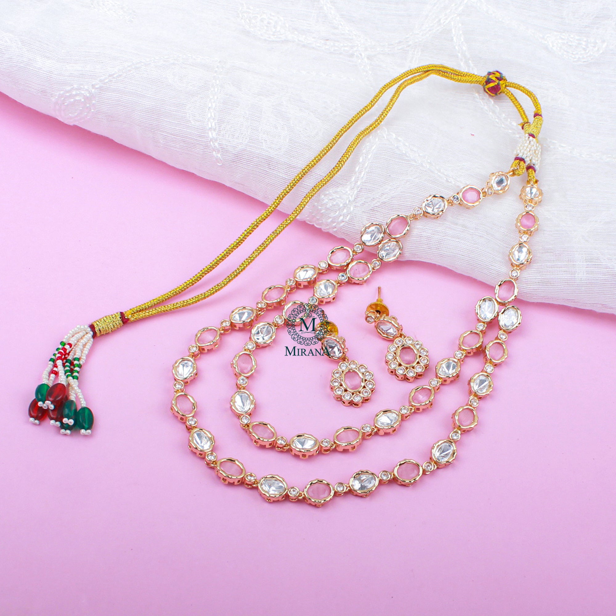 Jivika Pastel Pink Double Layered Necklace Set