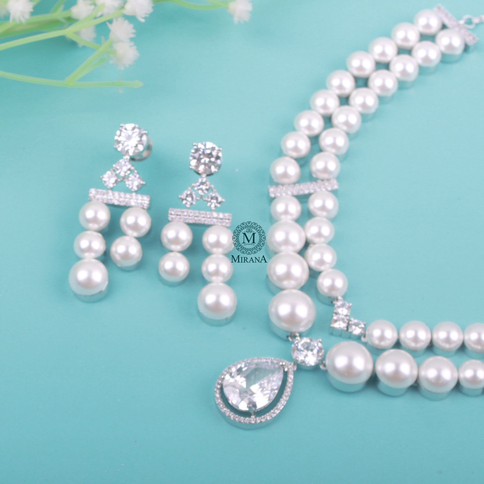 Dovie Pearl CZ Designer Necklace Set