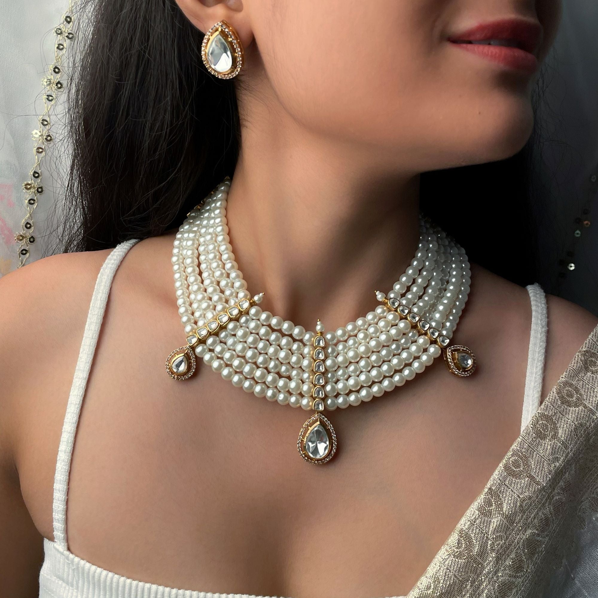 Noor Pearl Layered Moissanite Necklace Set