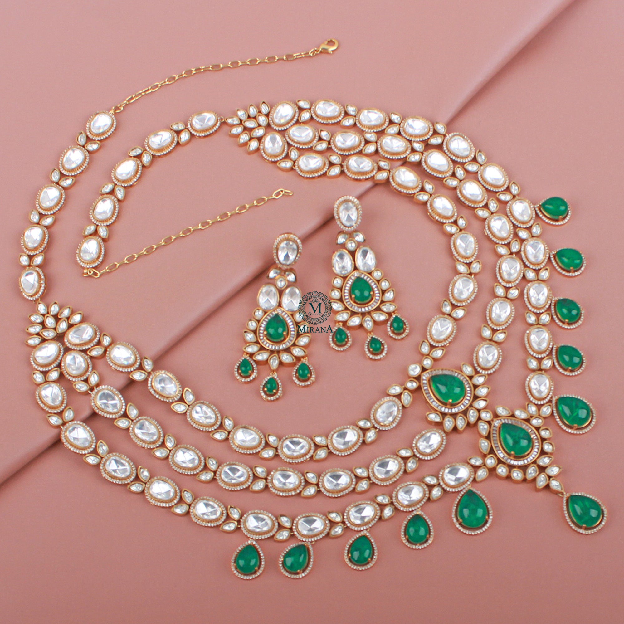 Sehal Emerald Green Bridal Moissanite Layered Necklace Set