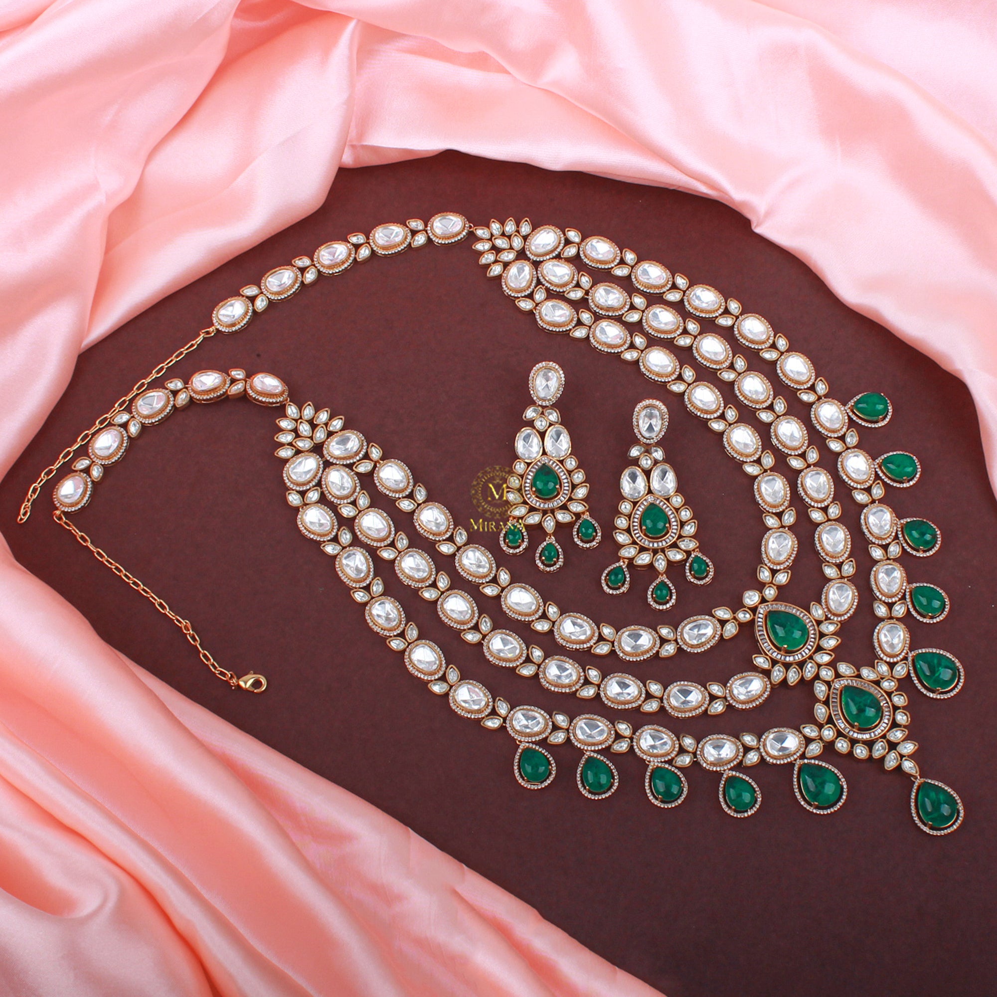 Sehal Emerald Green Bridal Moissanite Layered Necklace Set