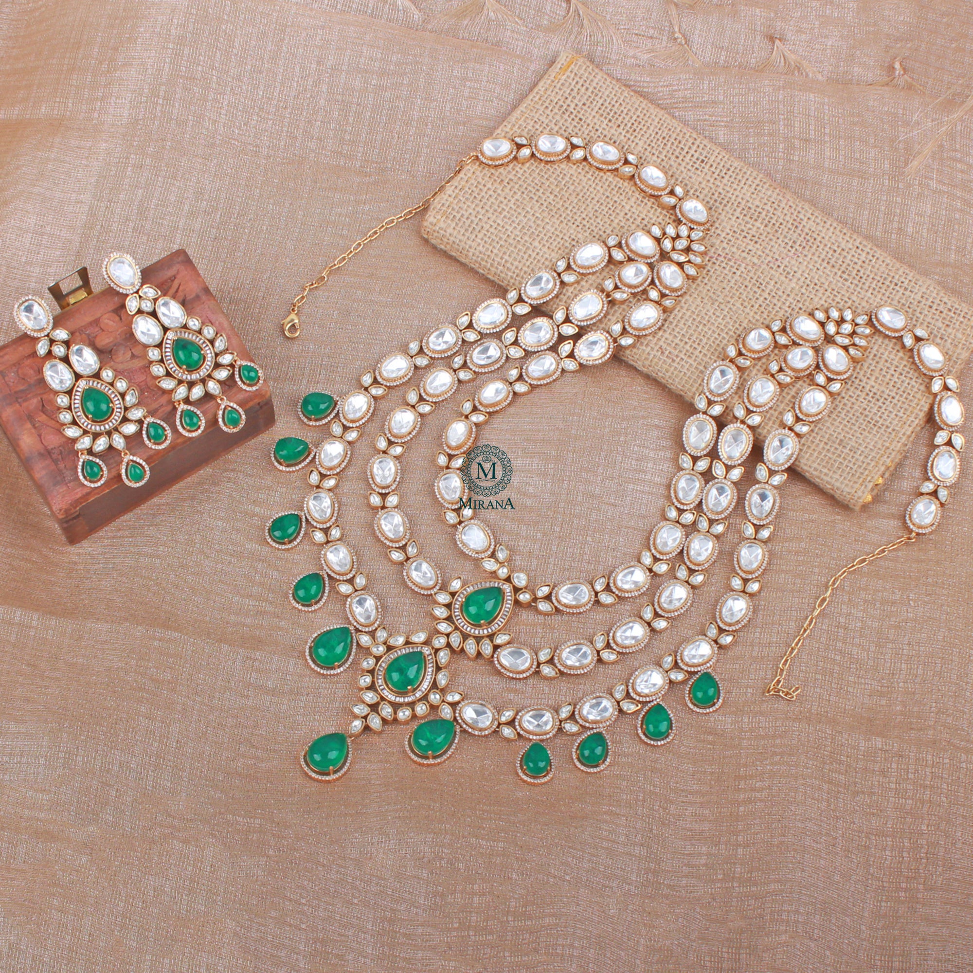 Sehal Emerald Green Bridal Moissanite Layered Necklace Set