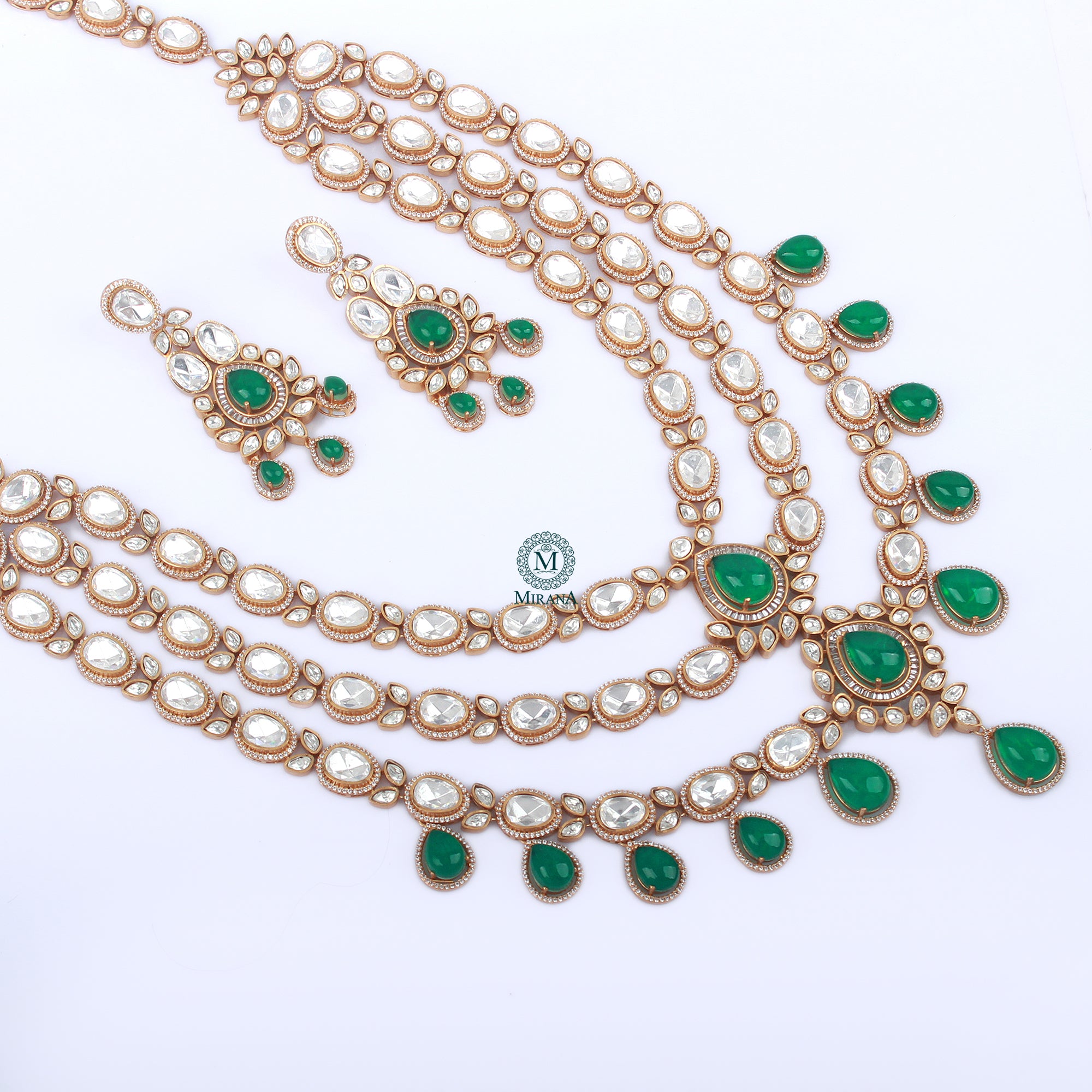 Sehal Emerald Green Bridal Moissanite Layered Necklace Set