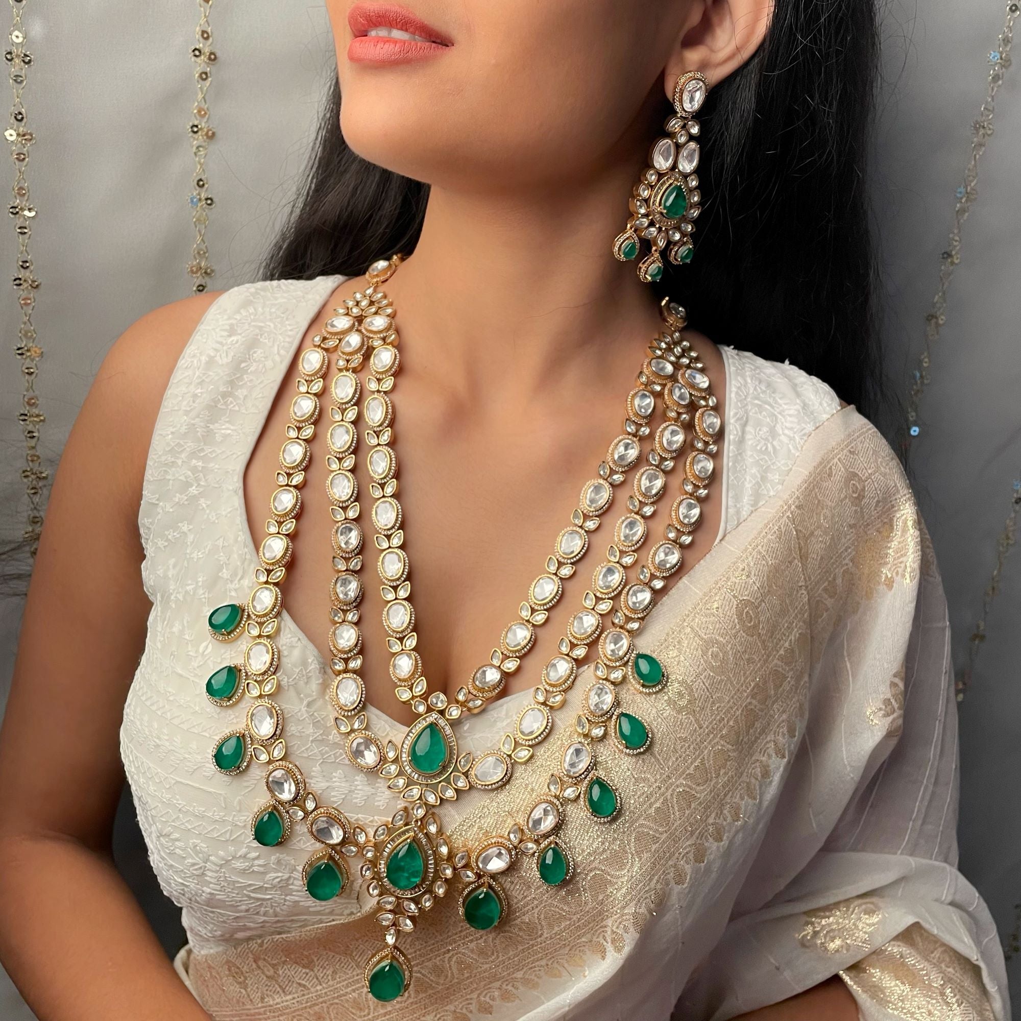 Sehal Emerald Green Bridal Moissanite Layered Necklace Set