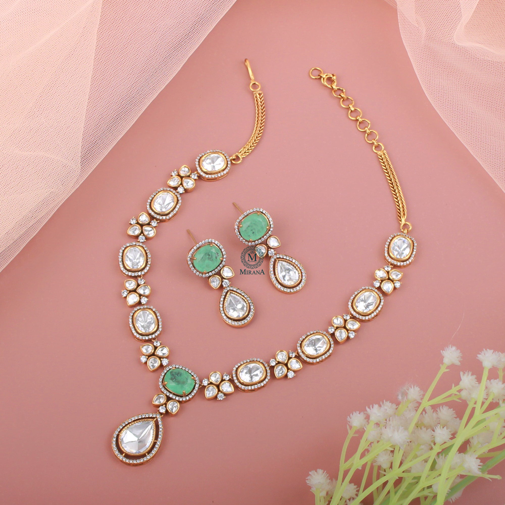 Avni Mint Green Polki Necklace Set