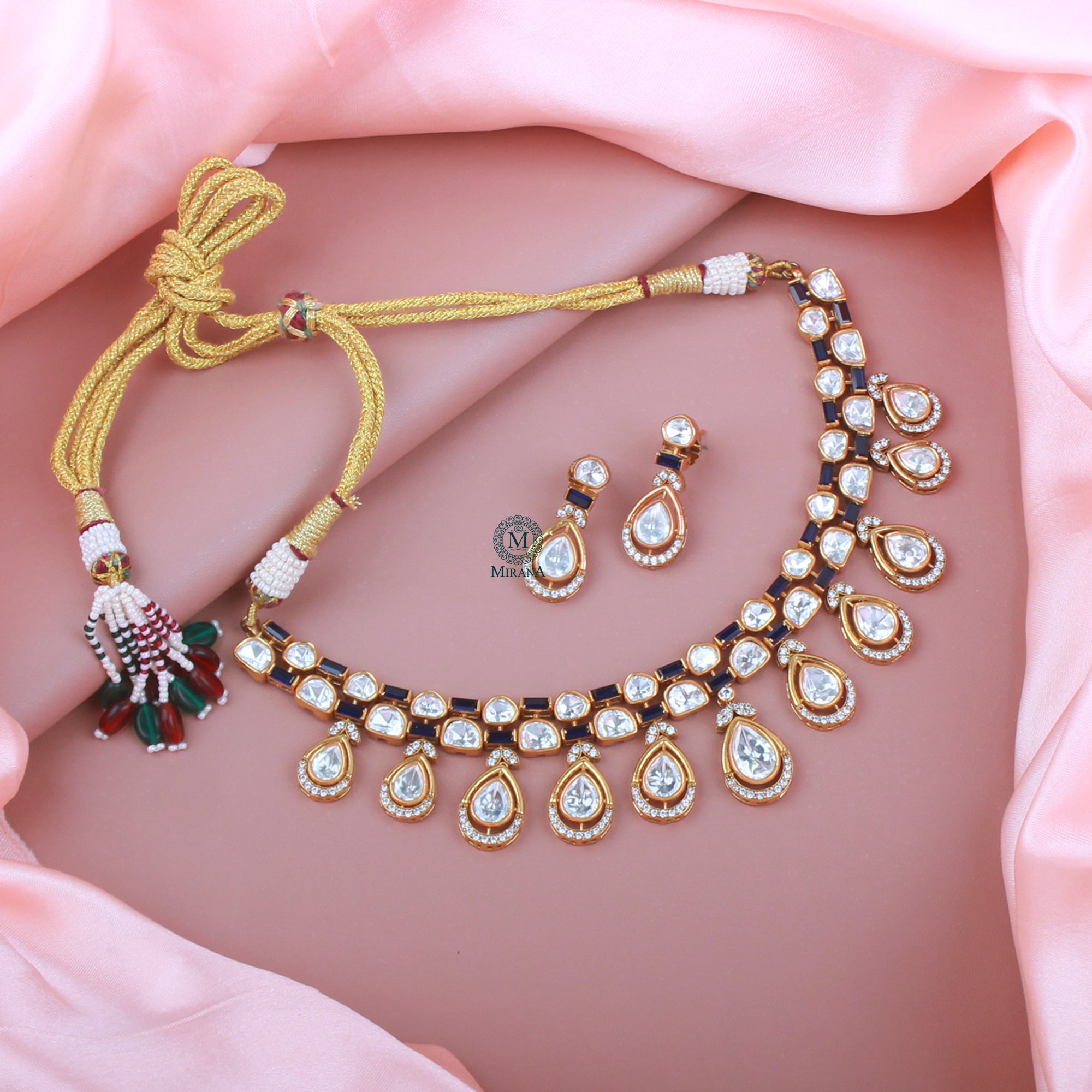 Amrai Sapphire Blue Polki Necklace Set