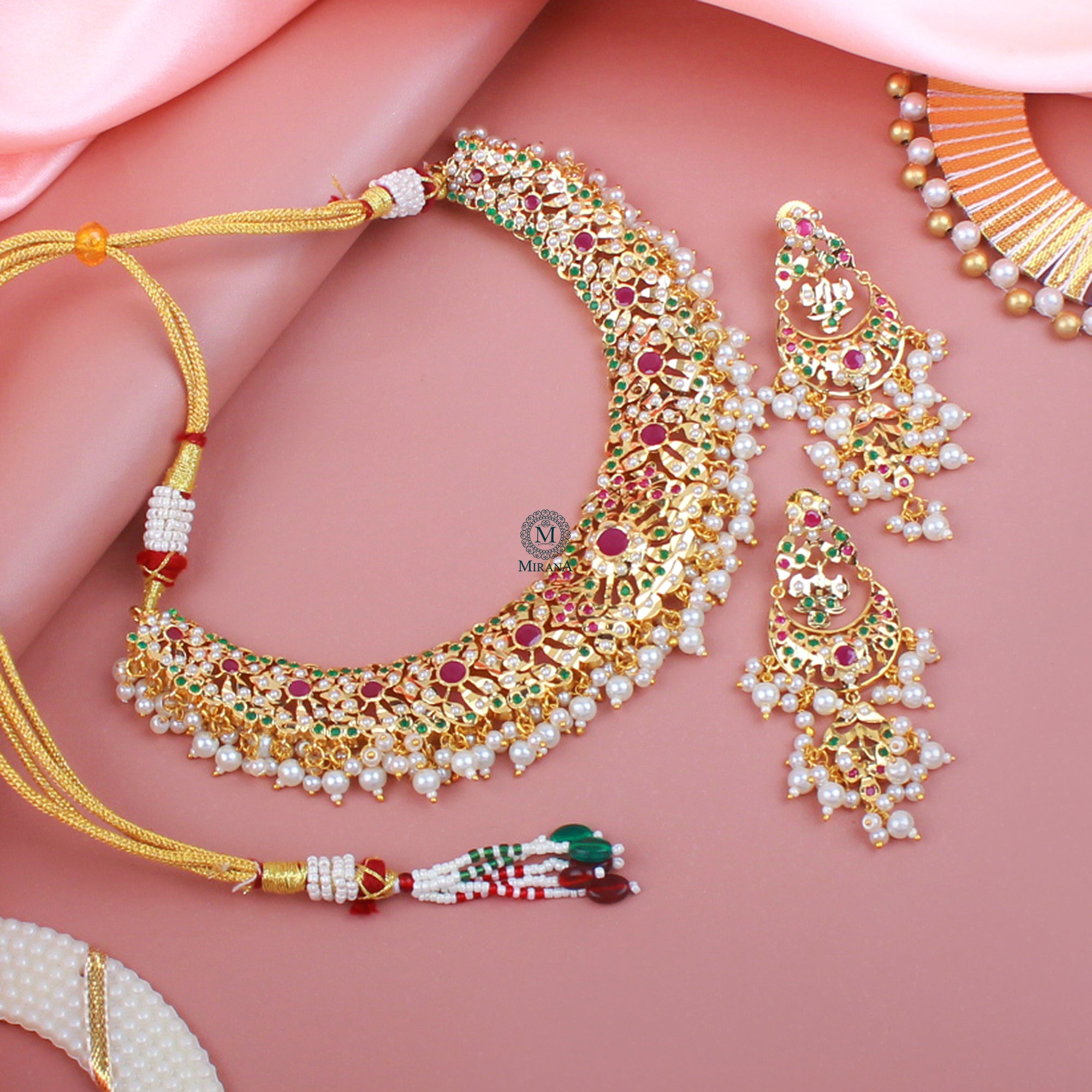 Yutika Ruby Green Pearl Jadau Necklace Set