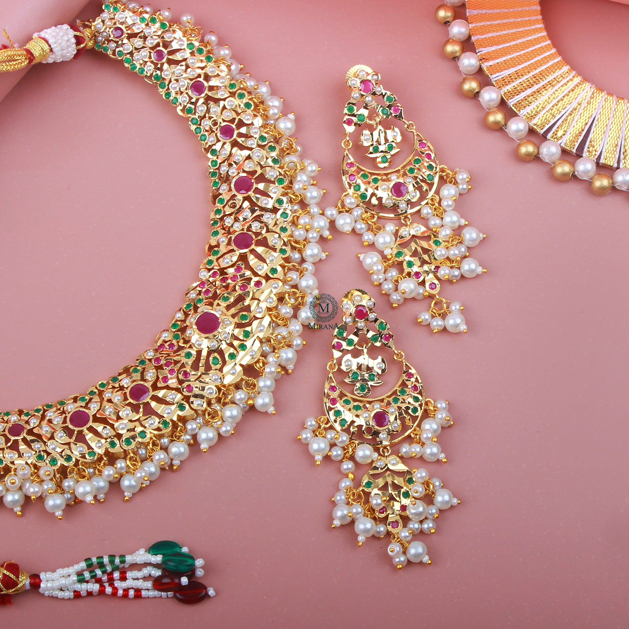 Yutika Ruby Green Pearl Jadau Necklace Set