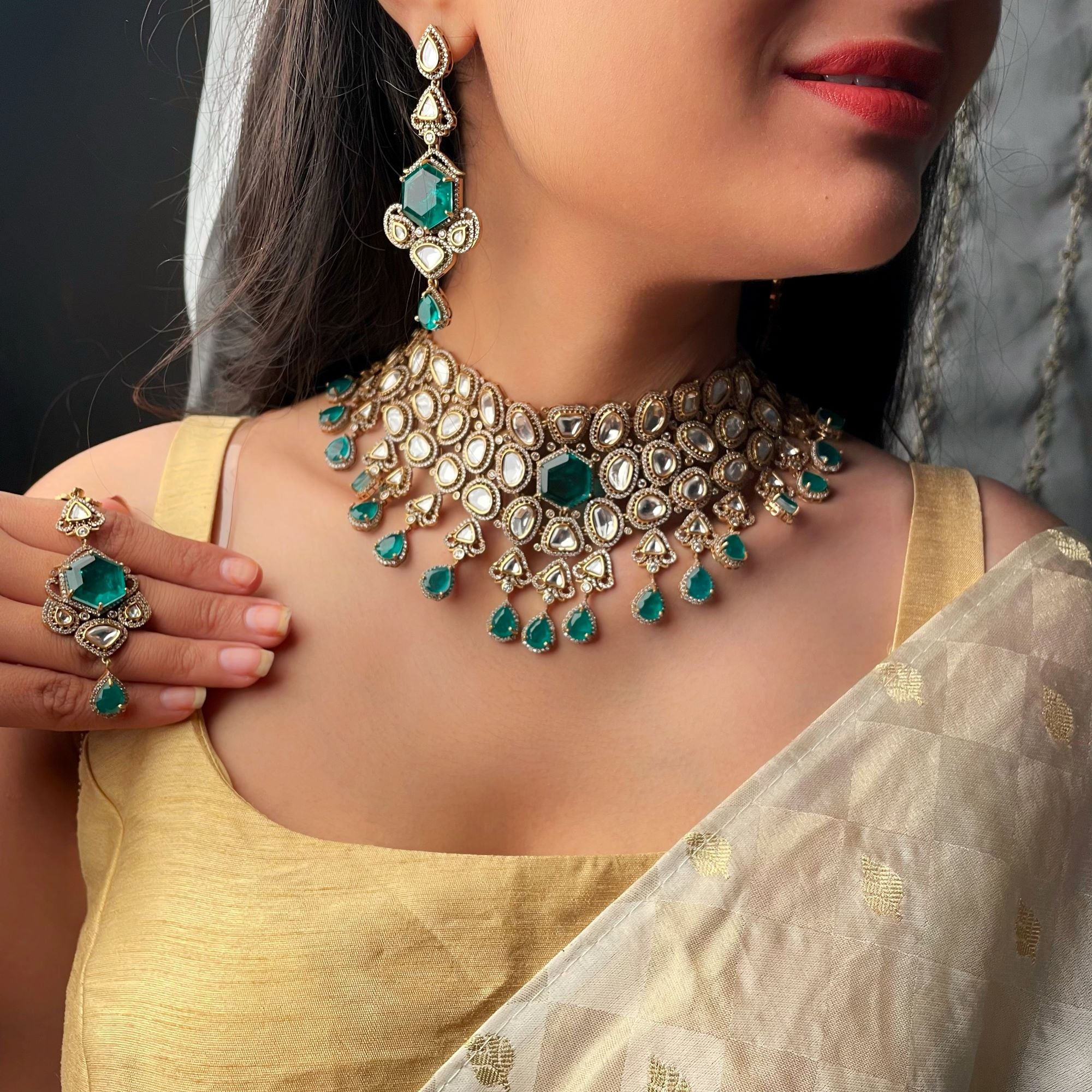 Mihita Emerald Green Bridal Polki Necklace Set