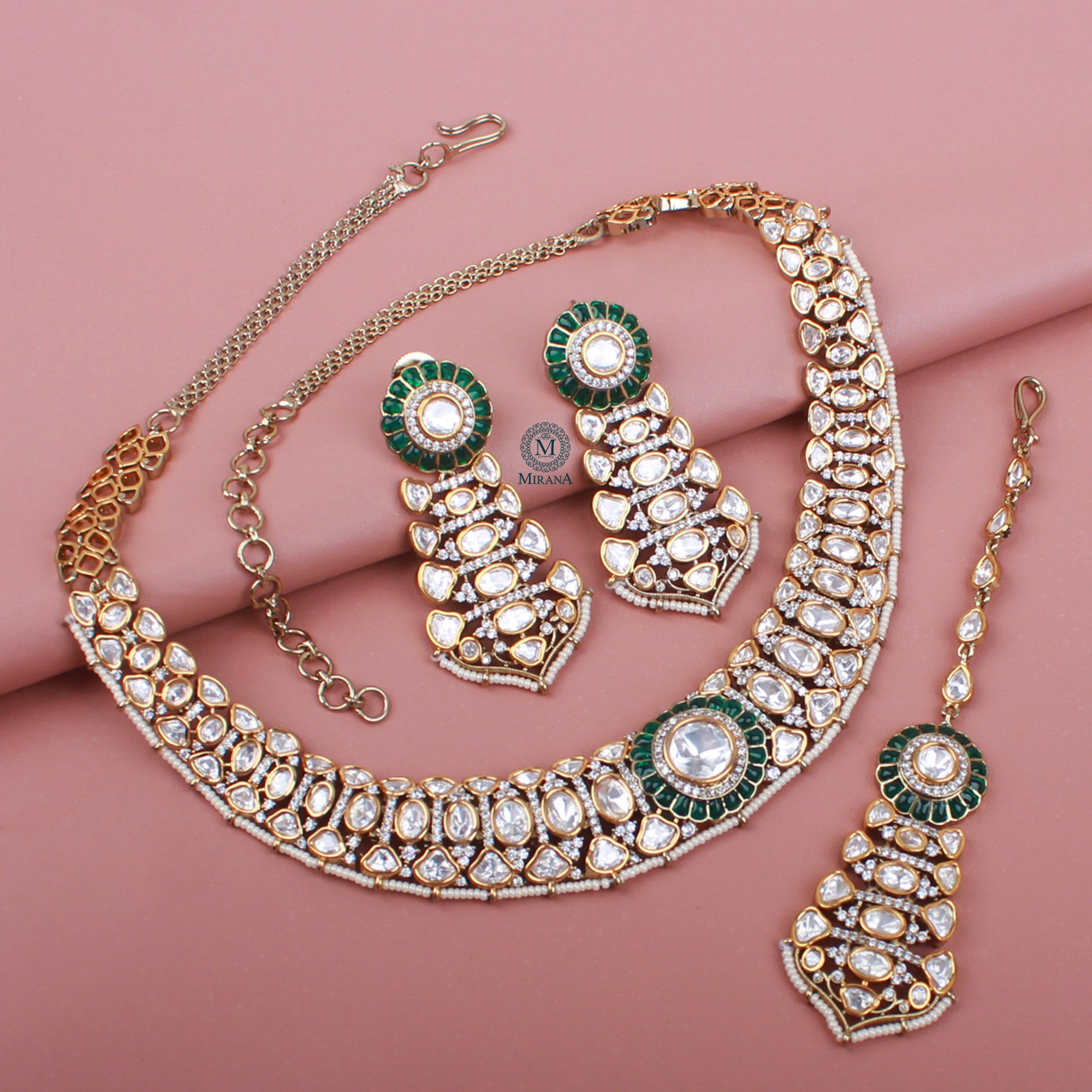 Shubhangi Emerald Green Polki Necklace Set