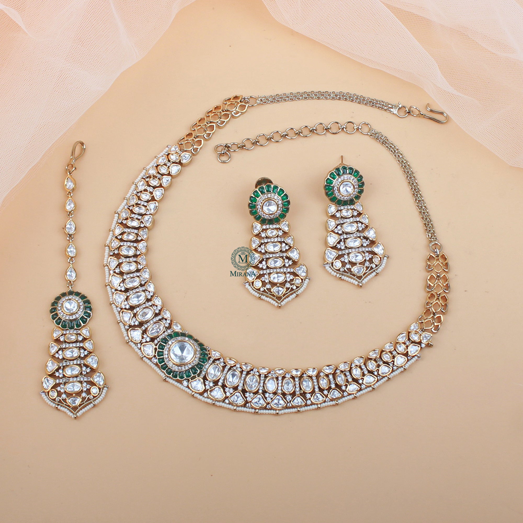 Shubhangi Emerald Green Polki Necklace Set