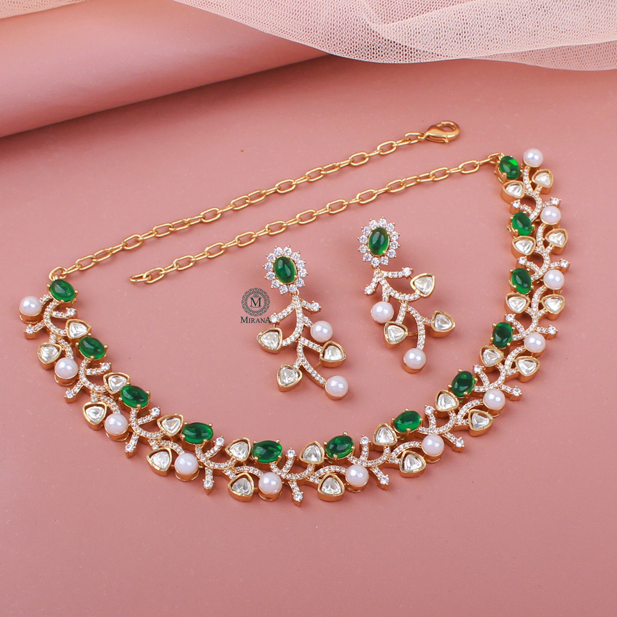 Veena Green  Moissanite Designer Necklace Set