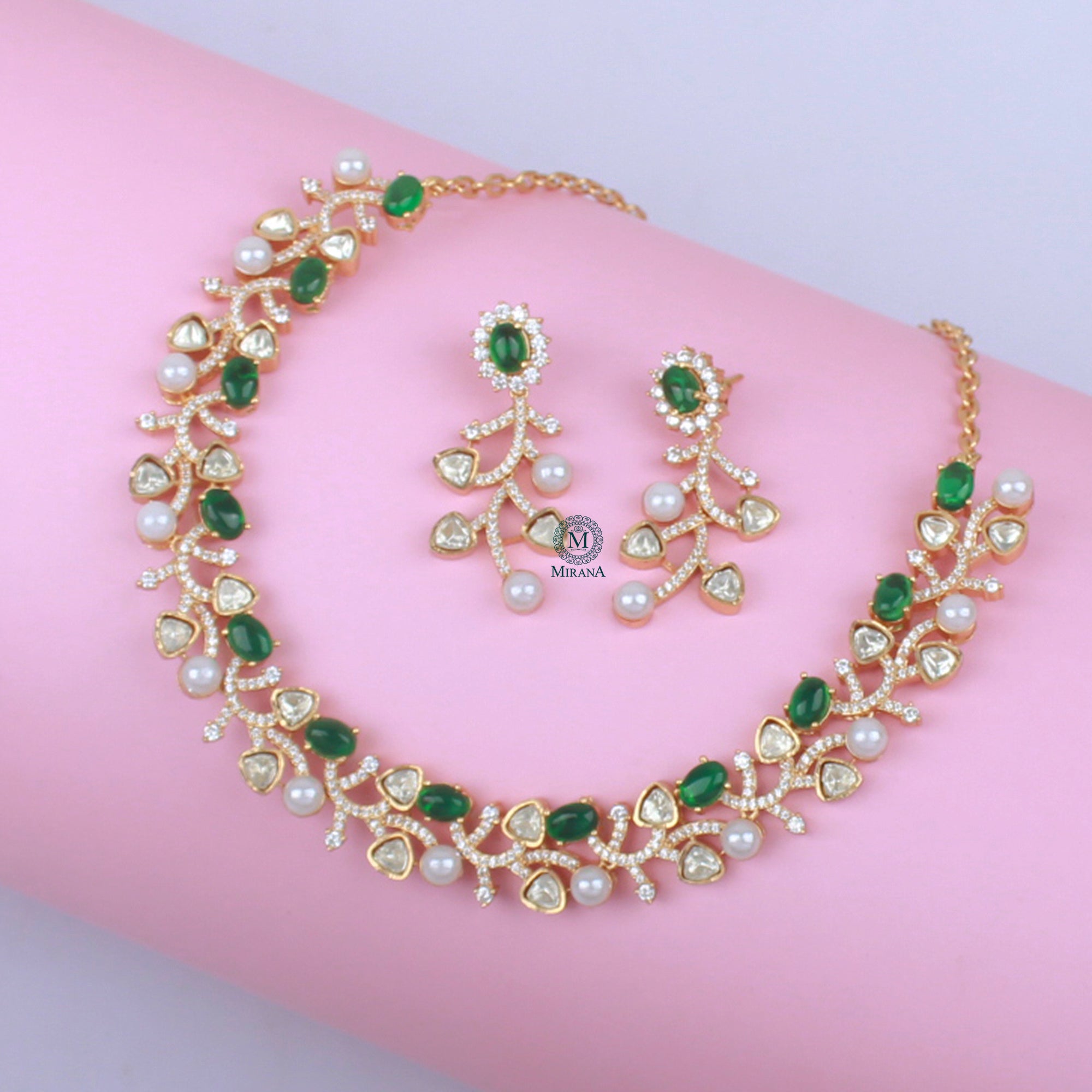 Veena Green  Moissanite Designer Necklace Set