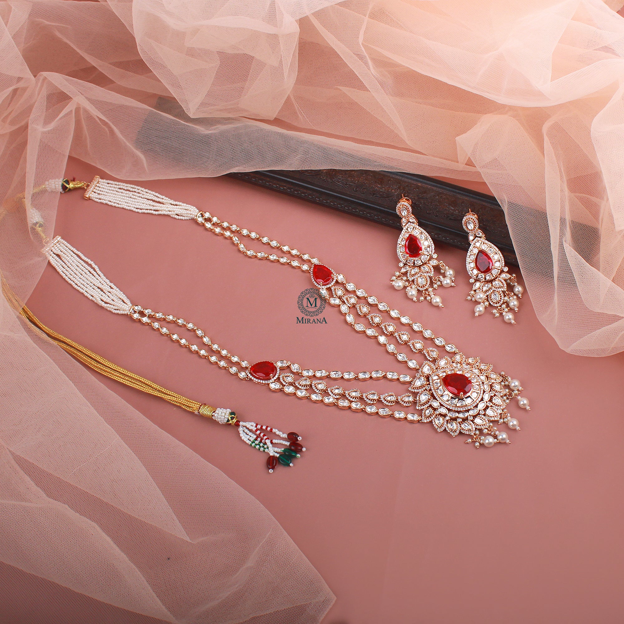 Shweta Pearl Polki Long Necklace Set