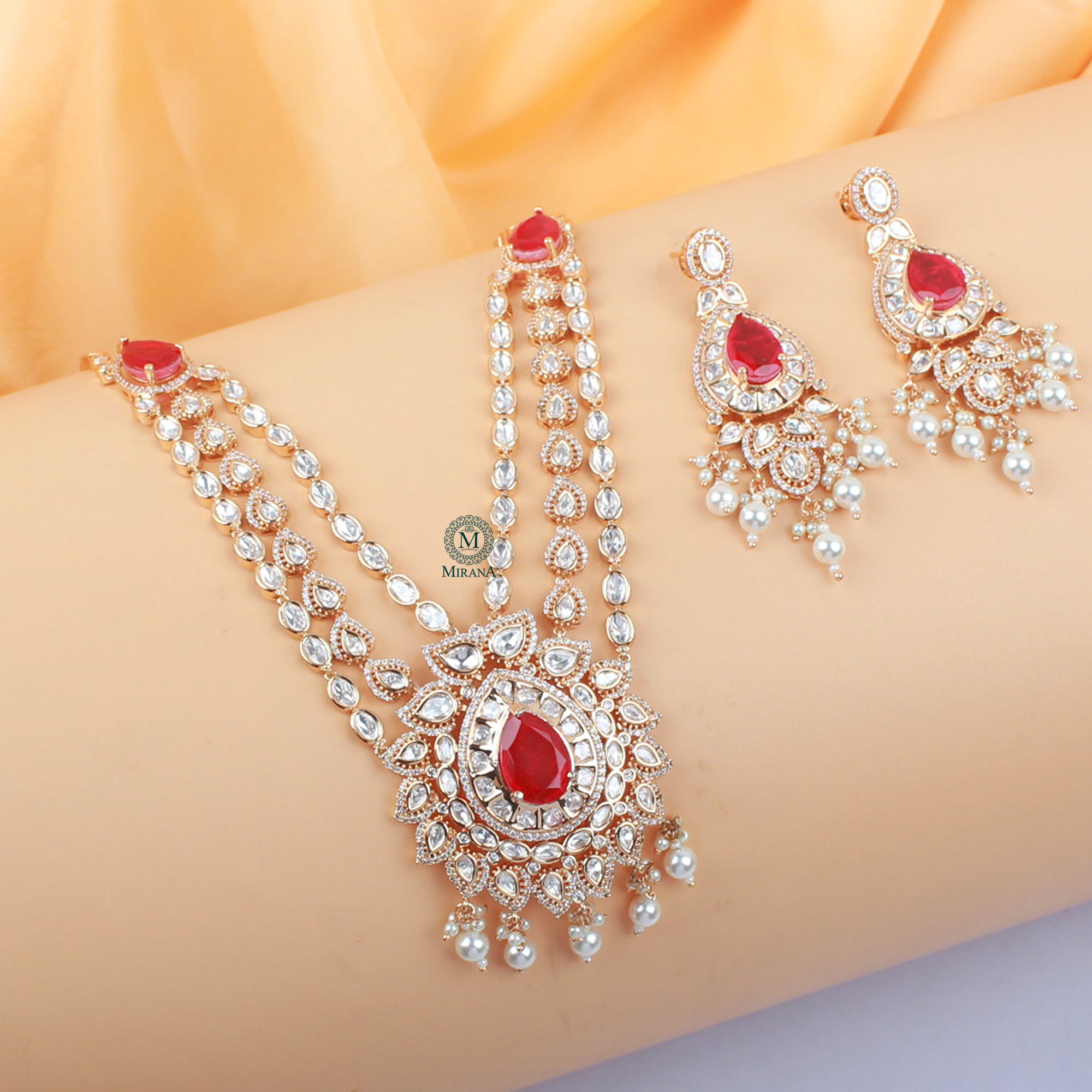 Shweta Pearl Polki Long Necklace Set